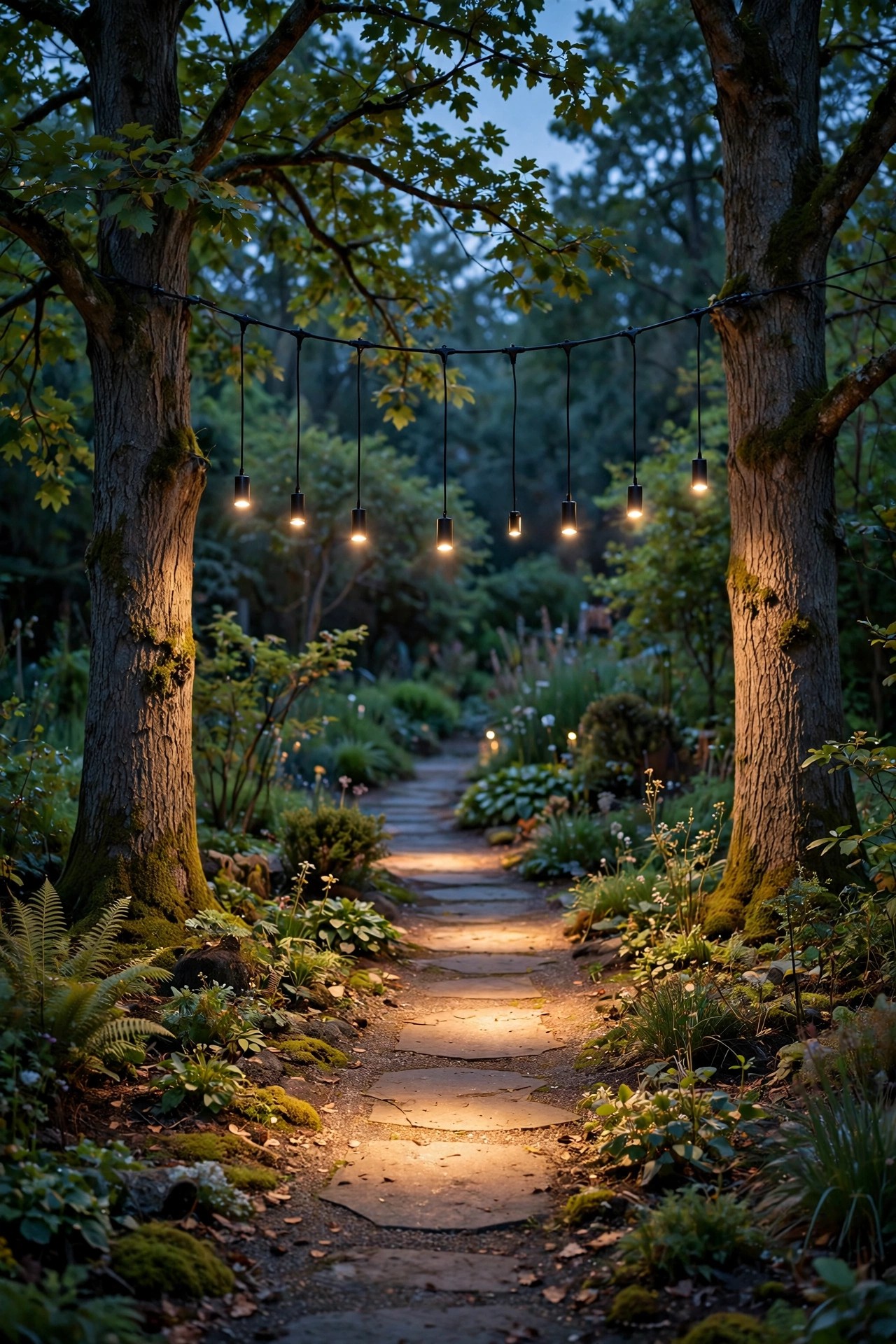 Small downlights suspended from a cable strung between two trees casting warm pools of light over a garden path at dusk