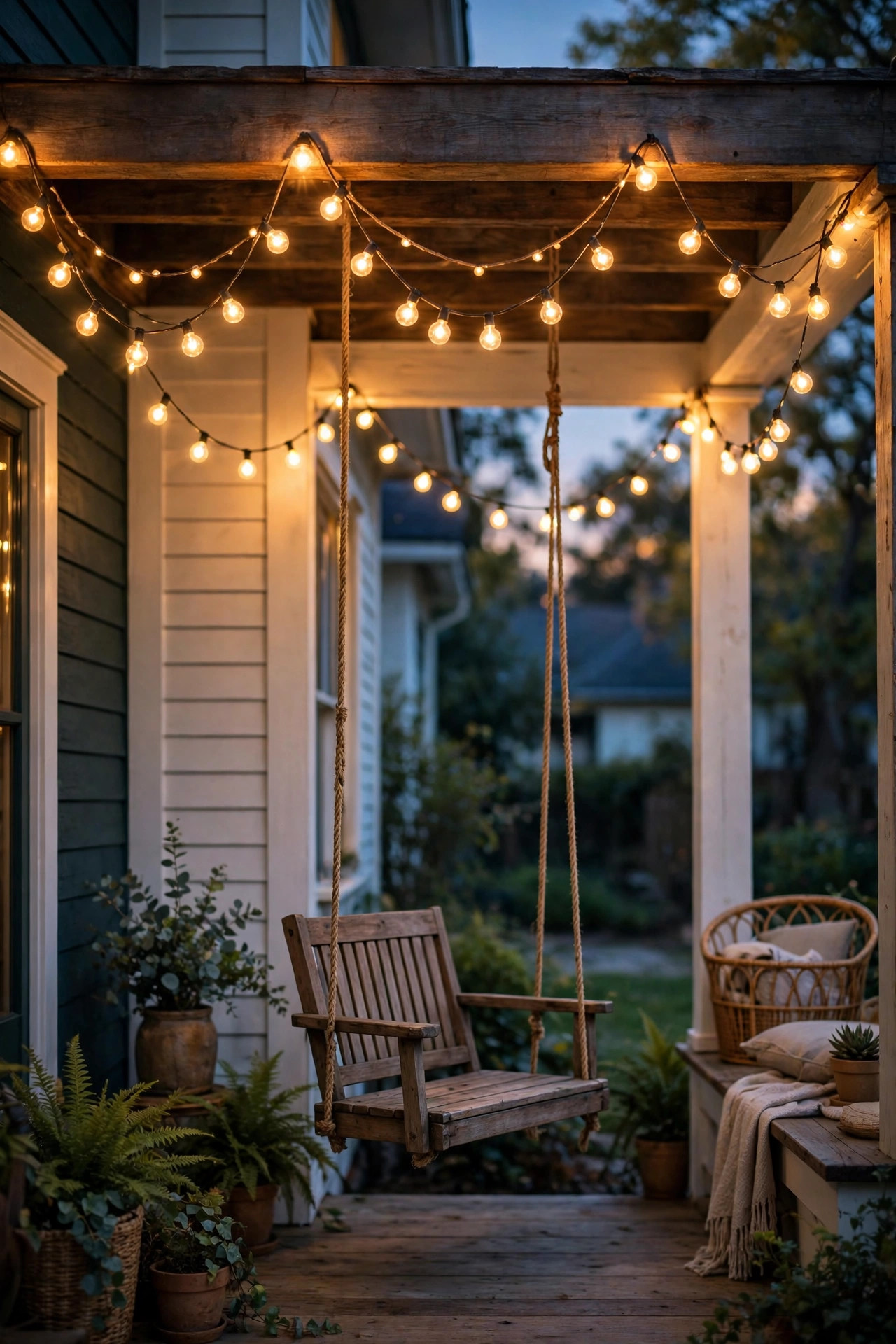 Warm cafe string lights swagged in soft arcs across the beams of a cottage porch at twilight