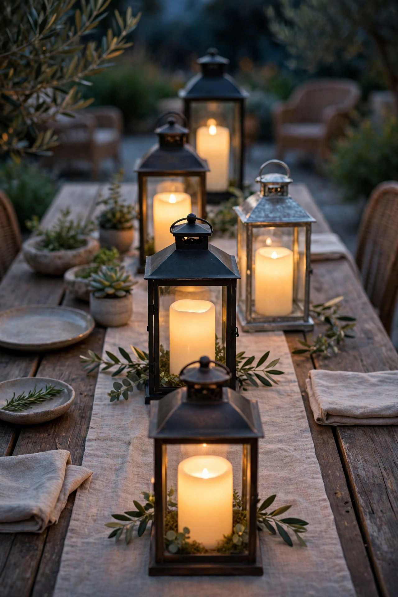 Flameless candles in metal and glass lanterns glowing down the center of an outdoor dining table