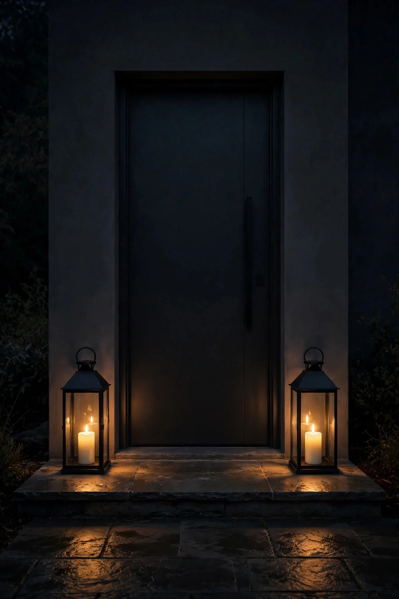 Two matching black lanterns with glowing LED candles flanking a front door at night