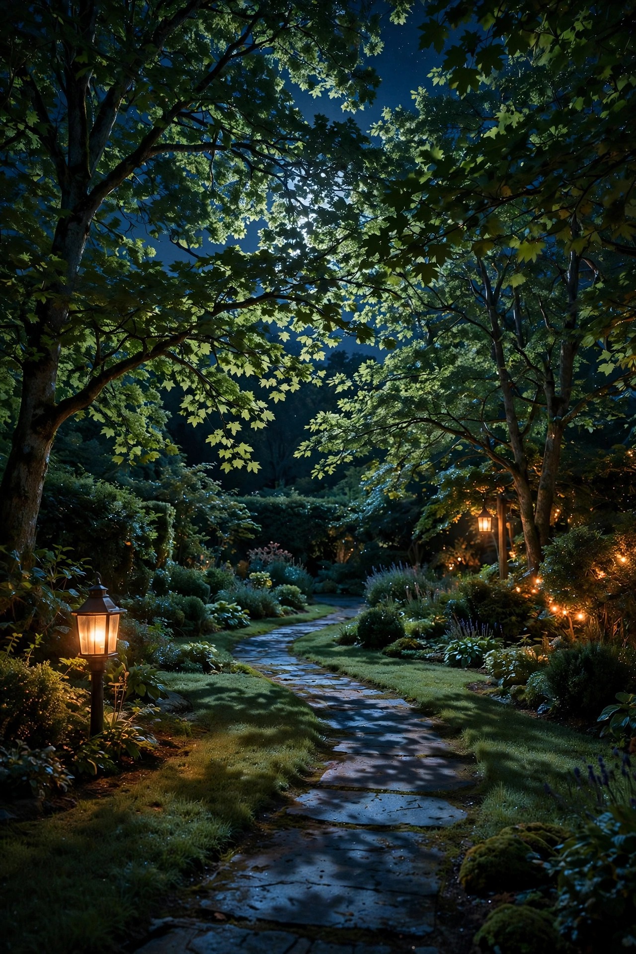 Soft moonlighting shining down through a tree canopy at night, dappling a garden path and lawn with gentle patterned light