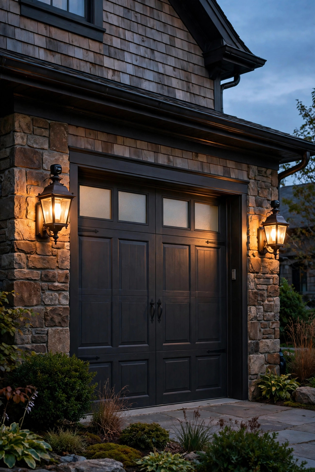 Carriage-style coach lantern motion sensor sconces flanking a garage door on a traditional home at dusk