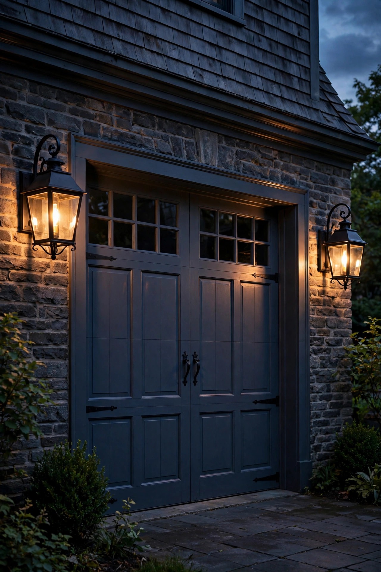 Pair of black carriage-style lantern sconces with warm filament bulbs flanking a colonial garage door at dusk