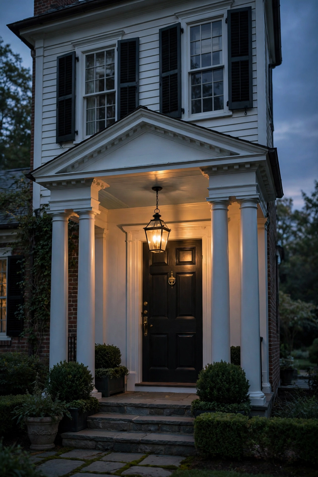Hanging carriage lantern pendant glowing under a colonial portico entry at dusk