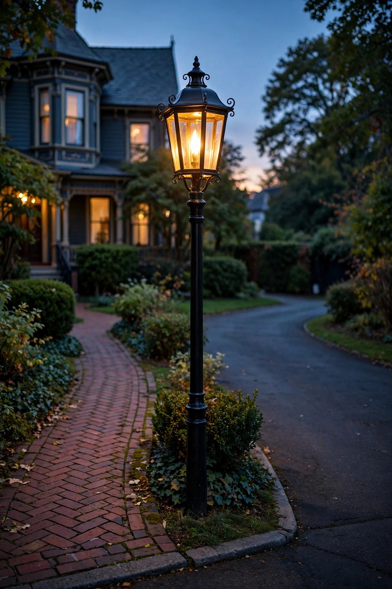 Carriage lantern on a tall black post where a Victorian front walk meets the driveway at dusk