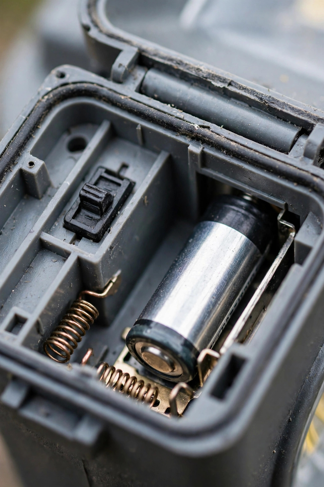 Close-up of an open solar light battery compartment showing the switch, battery, and metal contacts