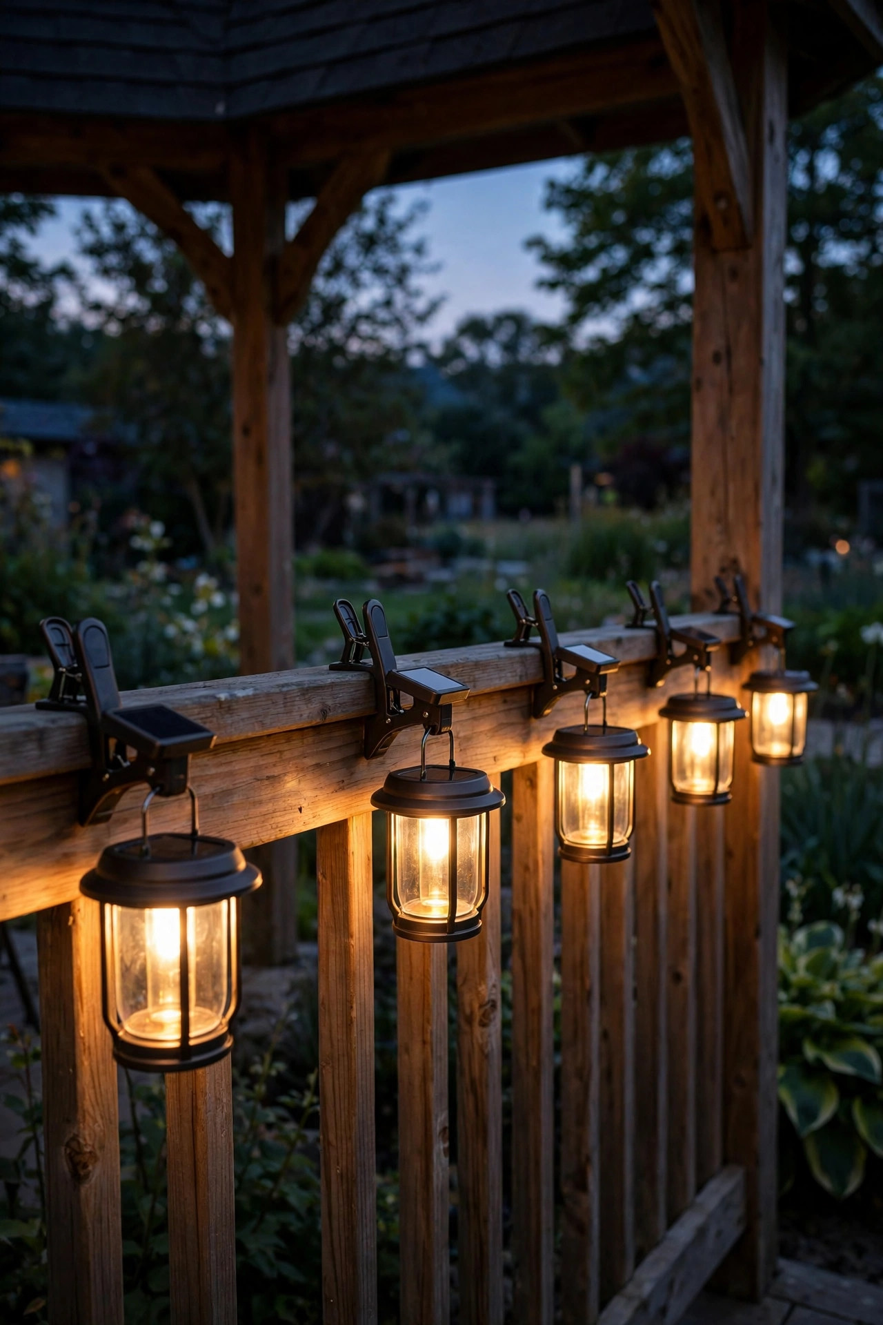 Clip-on solar lanterns hanging along a gazebo railing at eye level in the evening