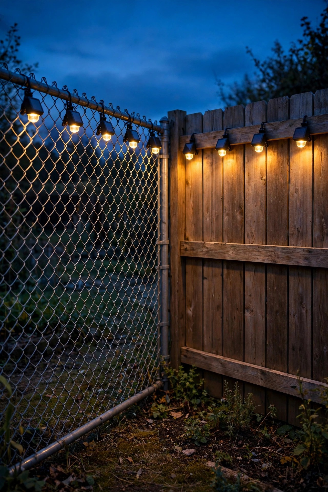 Photorealistic dusk view of small clip-on solar lights attached along a chain-link fence and a wooden panel fence, each giving a soft warm marker glow, no tools or wiring visible