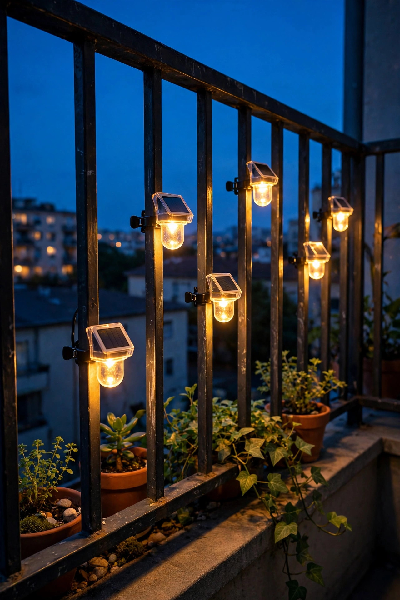 Small solar lights clipped onto apartment balcony railing bars glowing warm white at dusk along the balcony edge