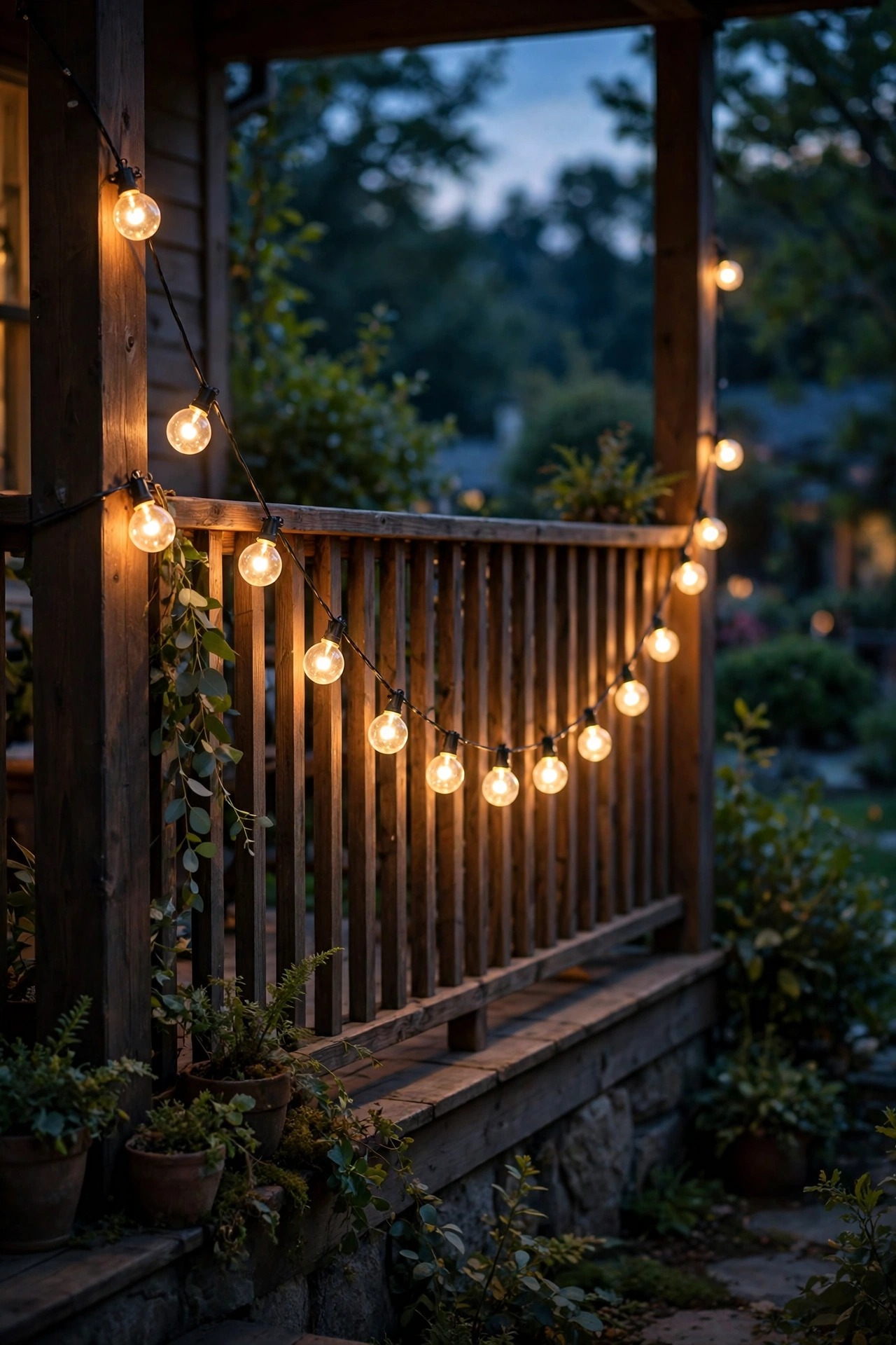 Outdoor string lights with round globe bulbs clipped along a porch railing in a gentle swag at dusk, photorealistic