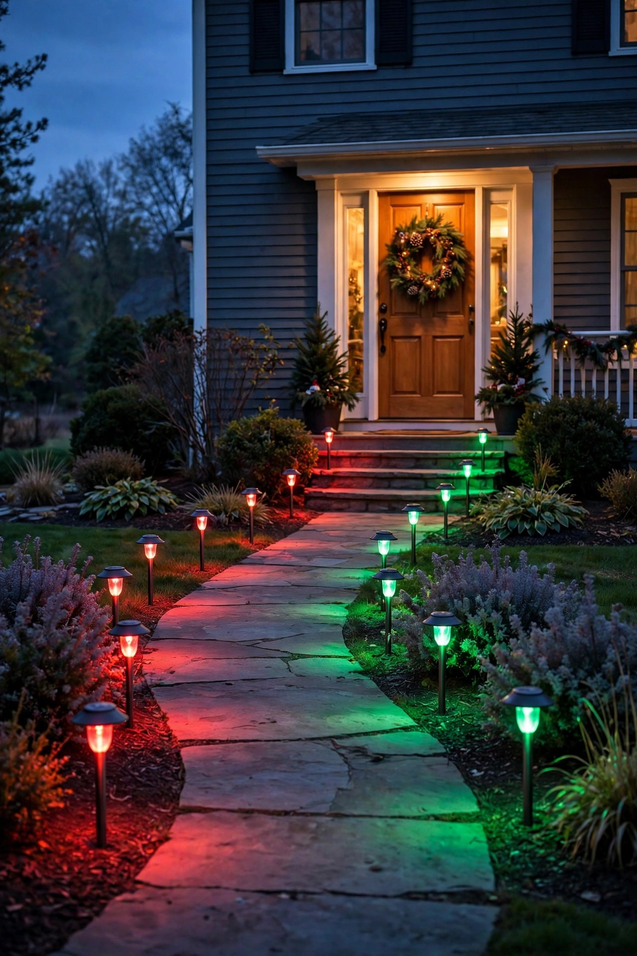 Color-changing path lights lining a front walkway in alternating red and green pools of light for the holidays