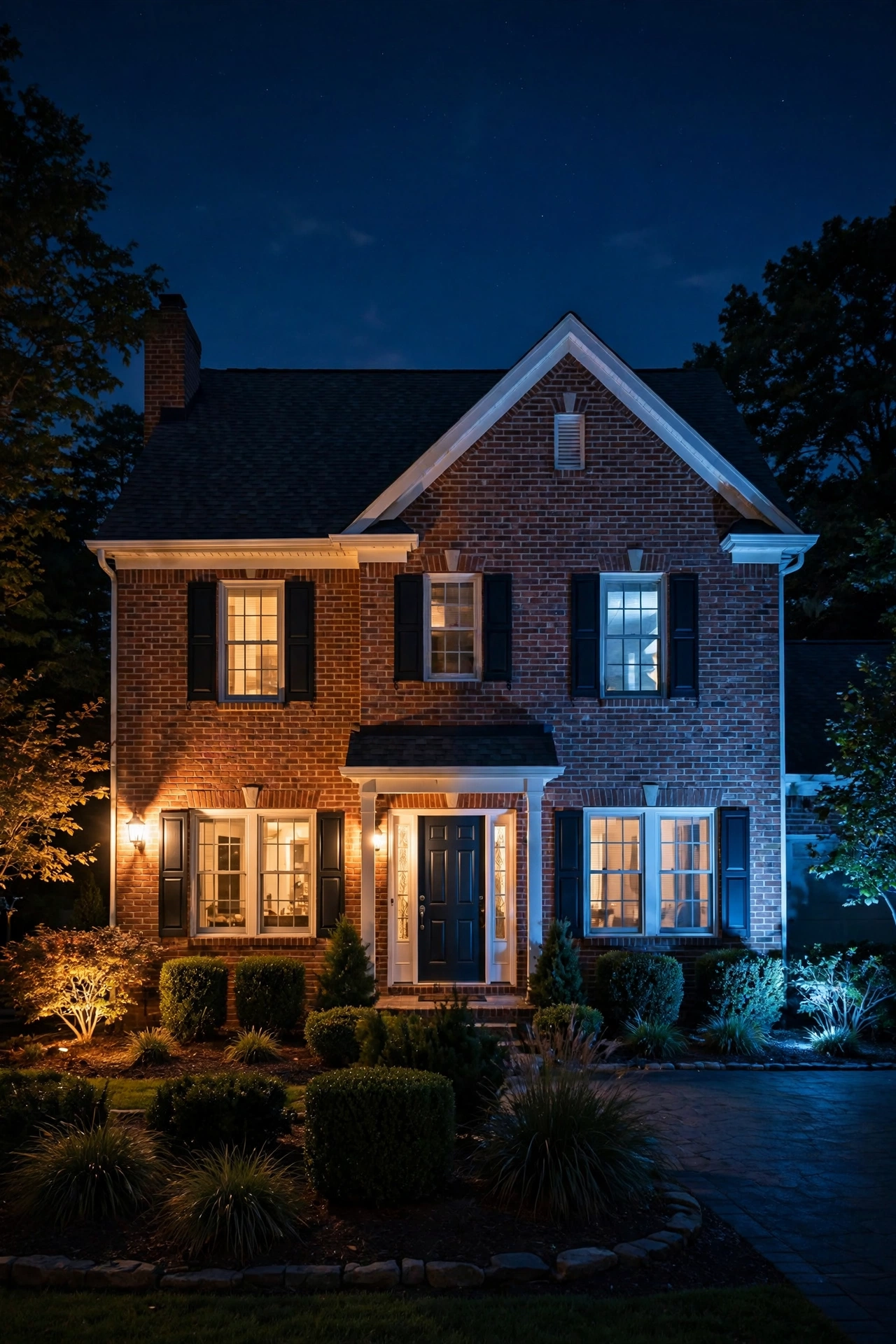 Comparison of warm 2700K versus cool 5000K wall washing light on the same brick house exterior at night