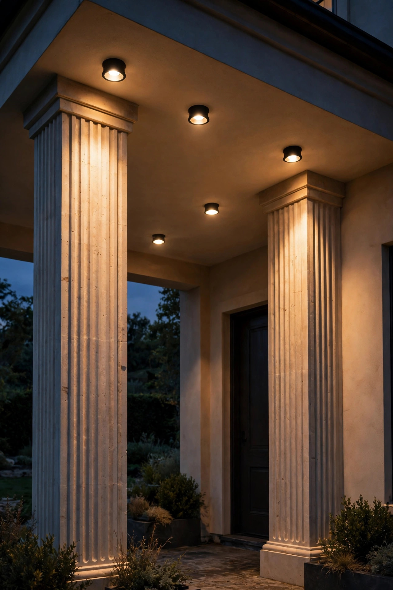 Shielded downlights beneath a portico ceiling grazing warm light down tall entry columns at night