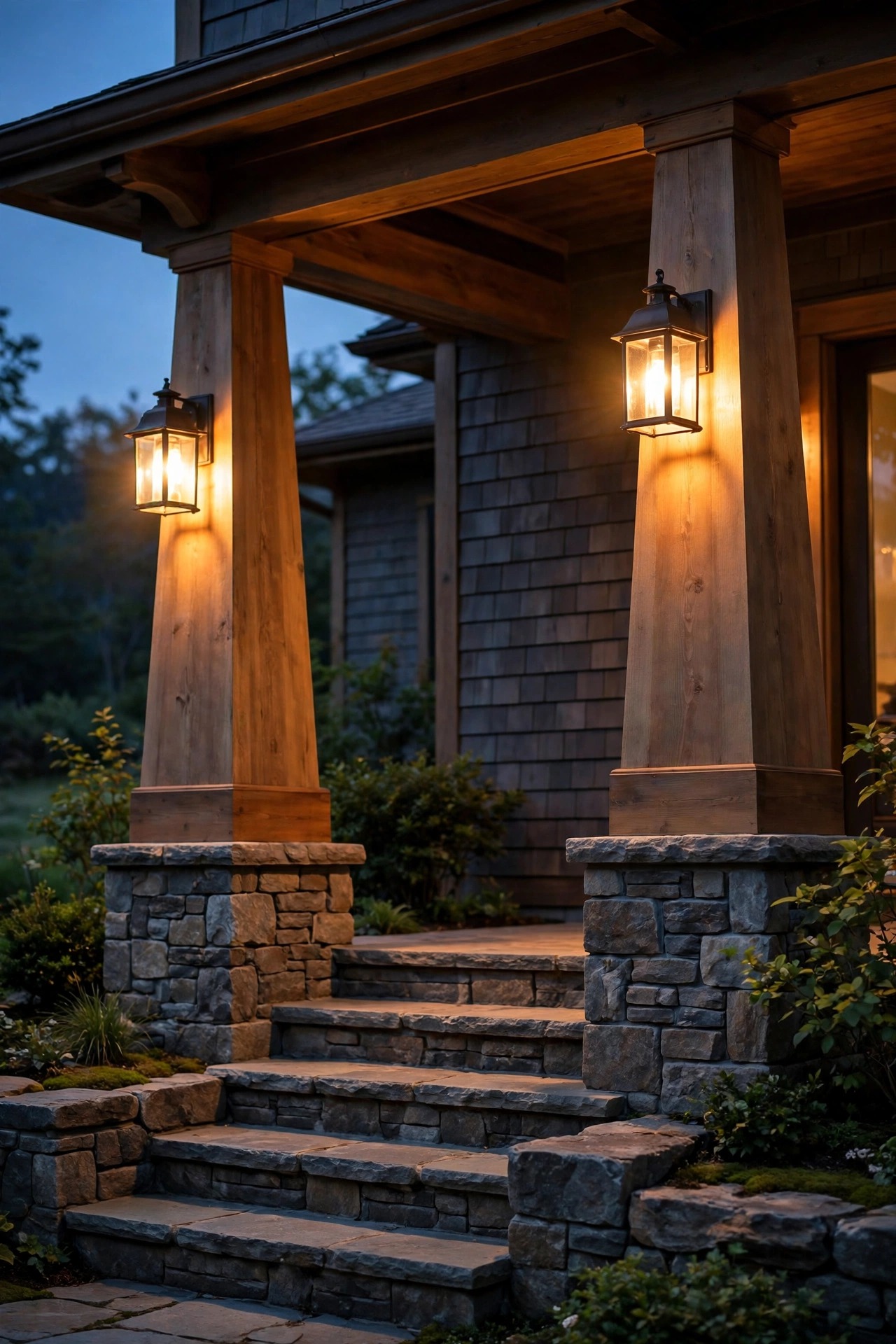 Lanterns mounted on tapered craftsman porch columns casting warm light over stone piers and front steps