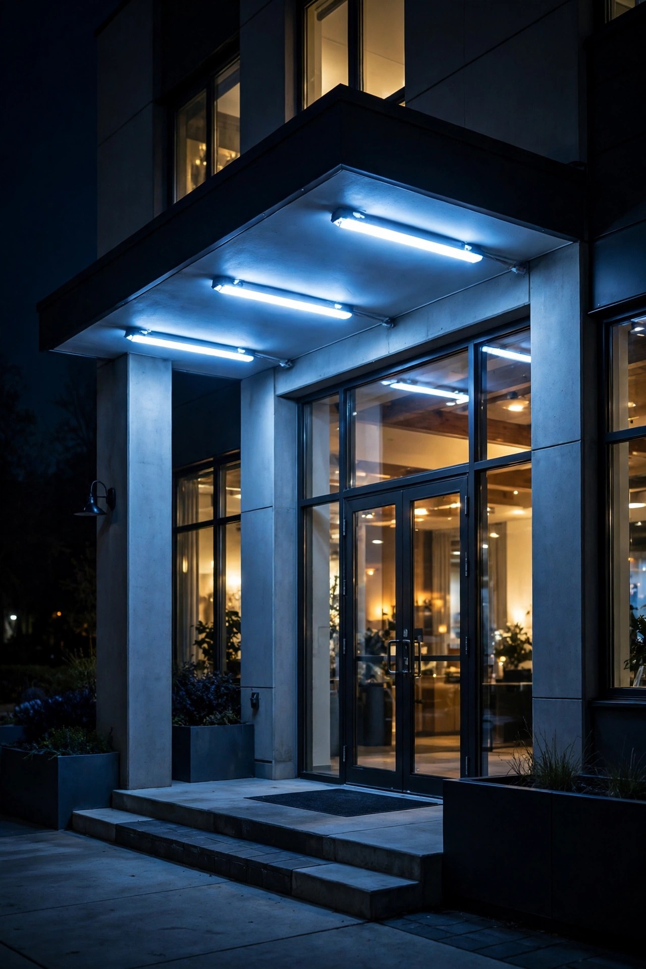 Porch lit by harsh blue-white daylight bulbs at night, the entry looking cold and commercial against warm light glowing in the house windows