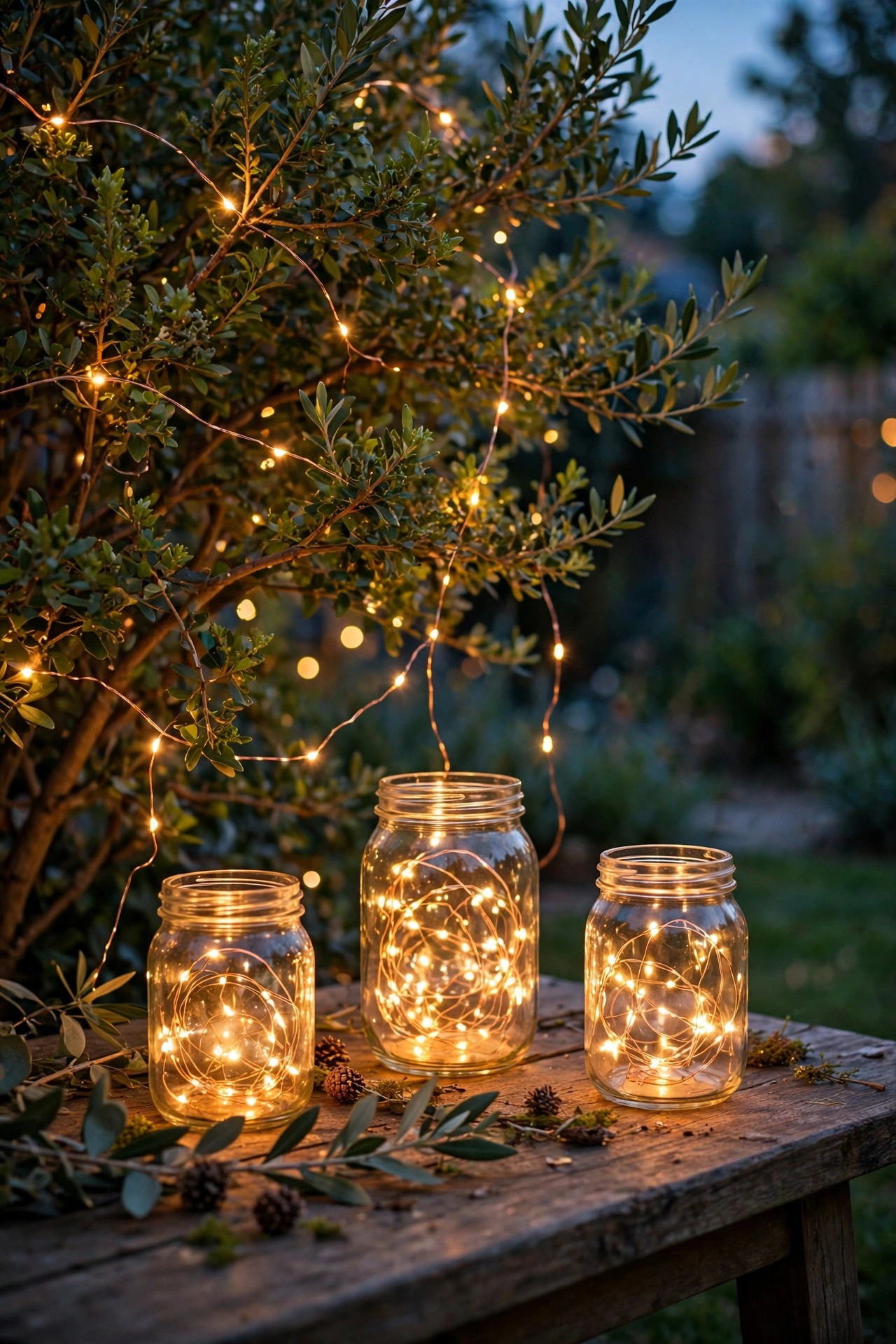 Copper-wire fairy lights twinkling through a backyard shrub and inside glass jars on an outdoor table