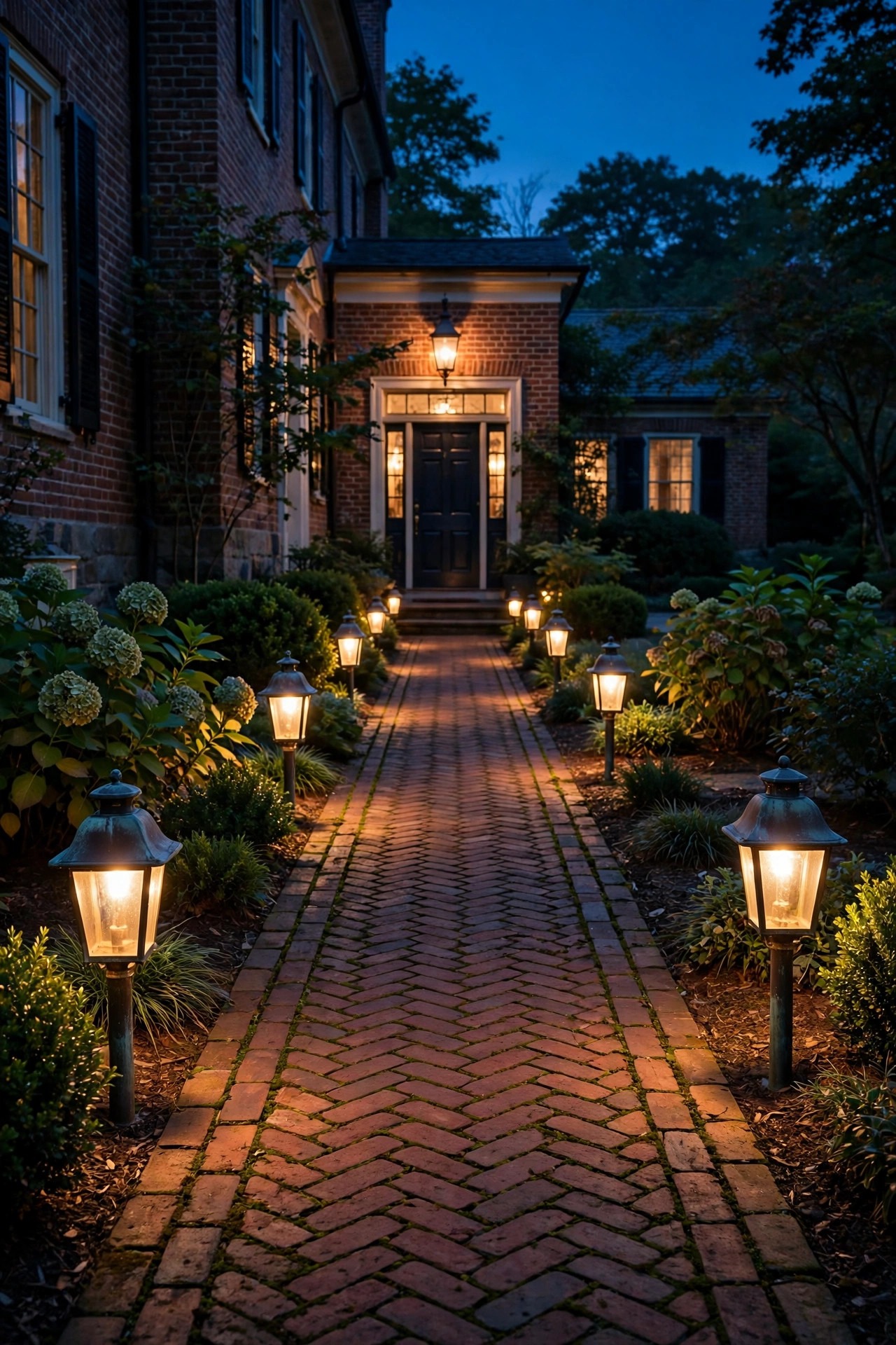 Aged copper path lanterns staggered along a stone front walkway at dusk, warm light pooling softly on the path
