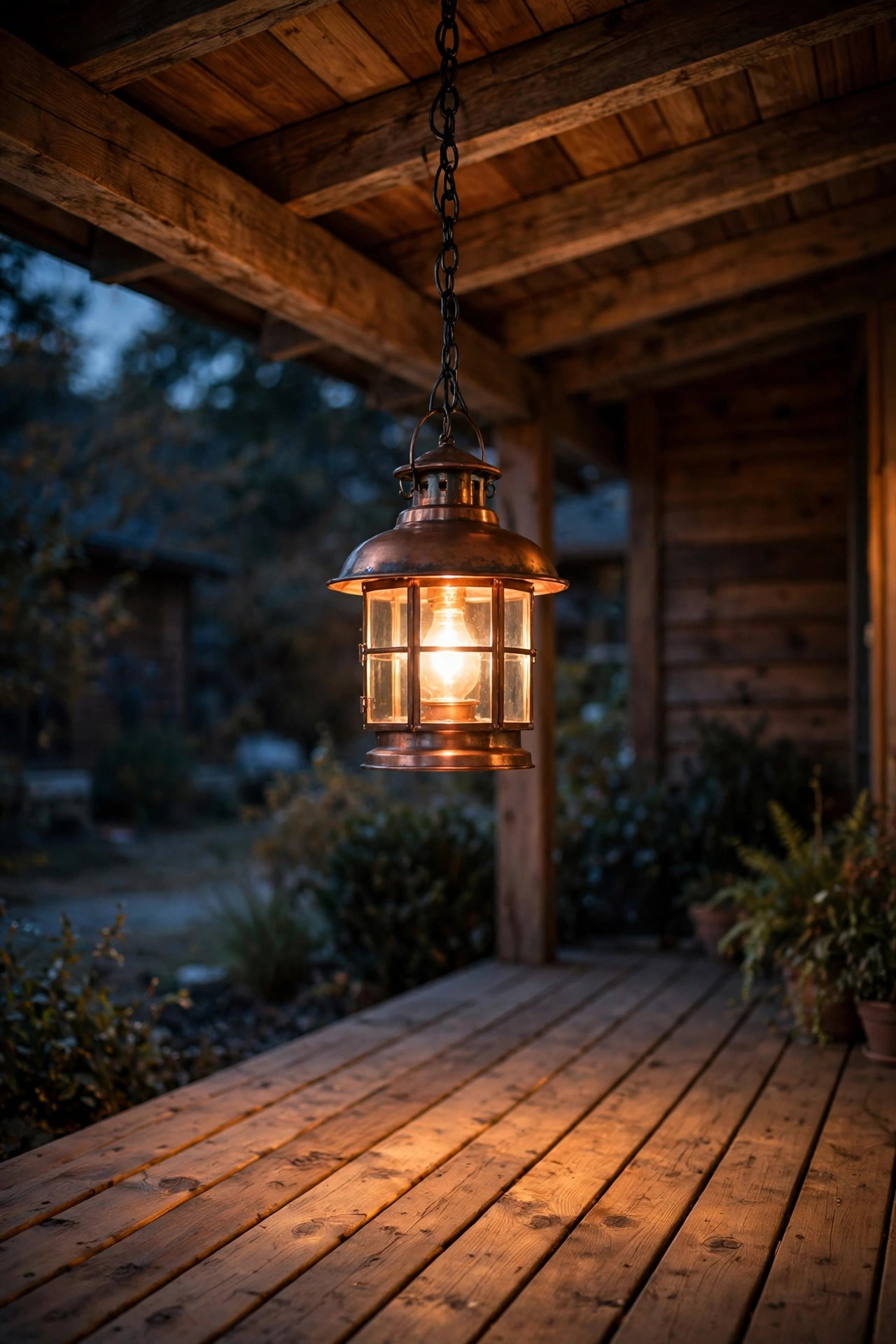 Copper pendant lantern hanging from a chain under a porch ceiling casting warm light over porch boards