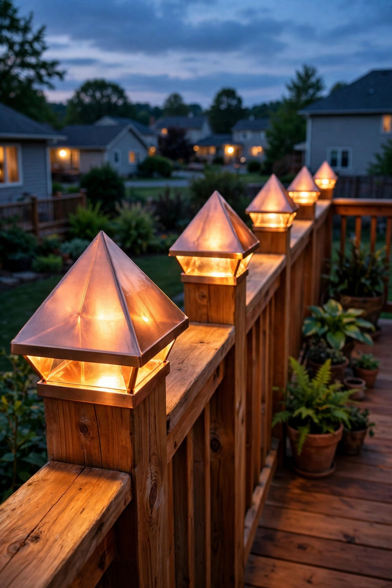 Copper pyramid deck post cap lights with warm golden glow on a cedar deck railing at evening