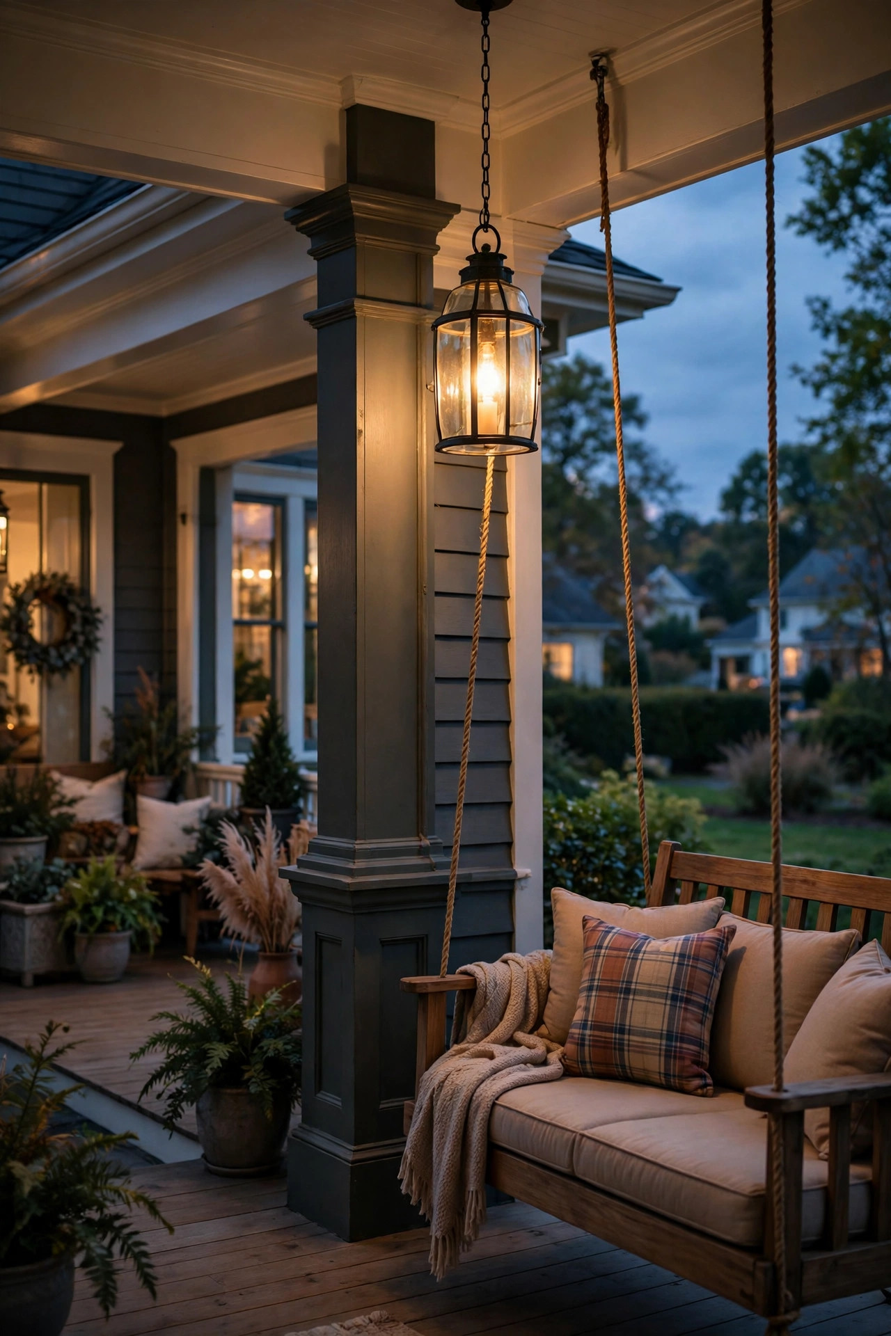 Hanging glass lantern pendant glowing at the corner turn of a wraparound porch above a porch swing