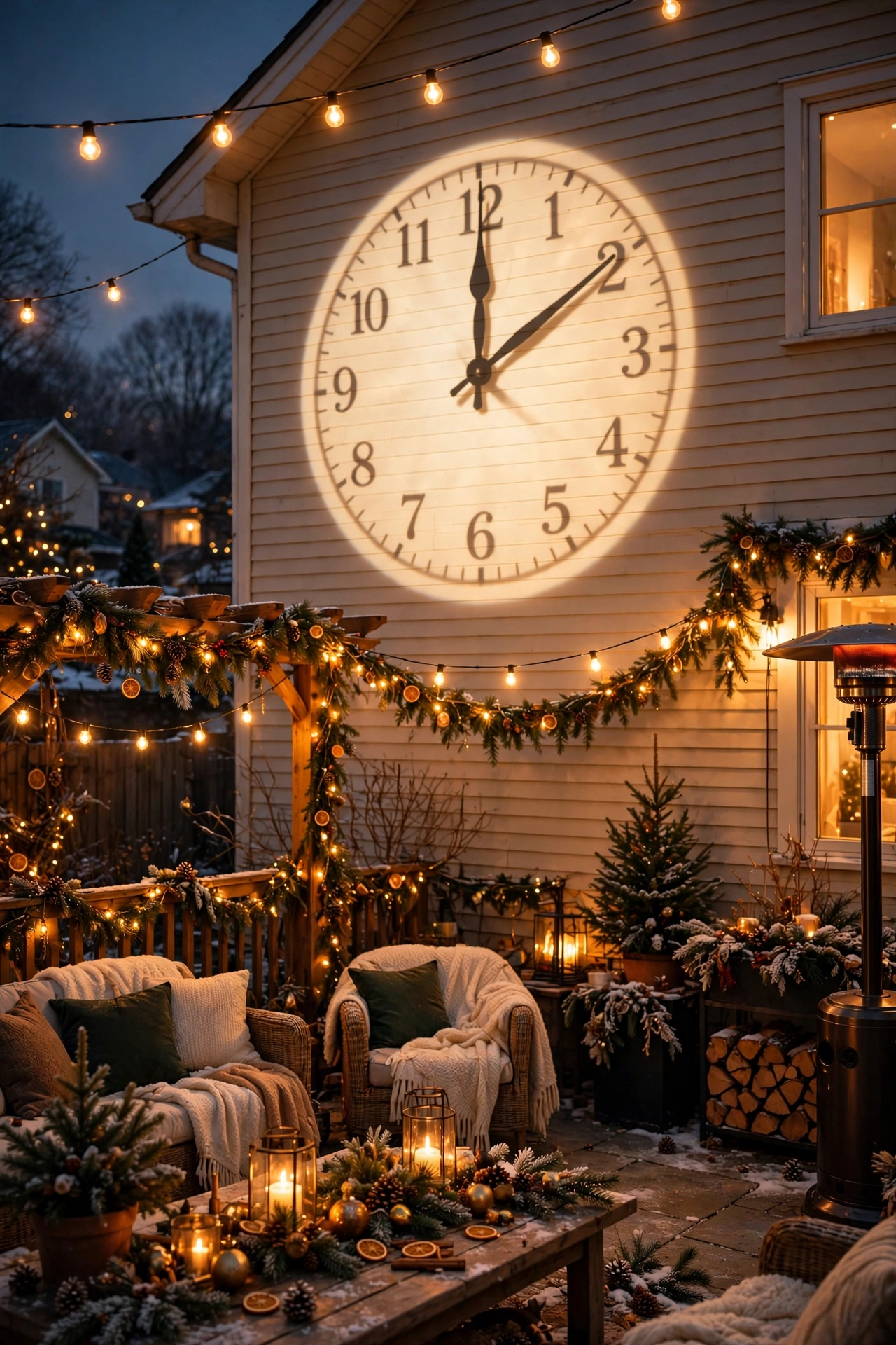 Giant countdown clock projected on a house wall at an outdoor New Year's Eve party