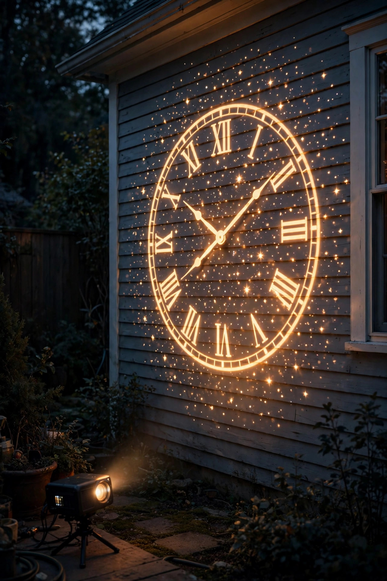 Light projector casting a glowing starfield and clock pattern onto the side of a house in a dark backyard