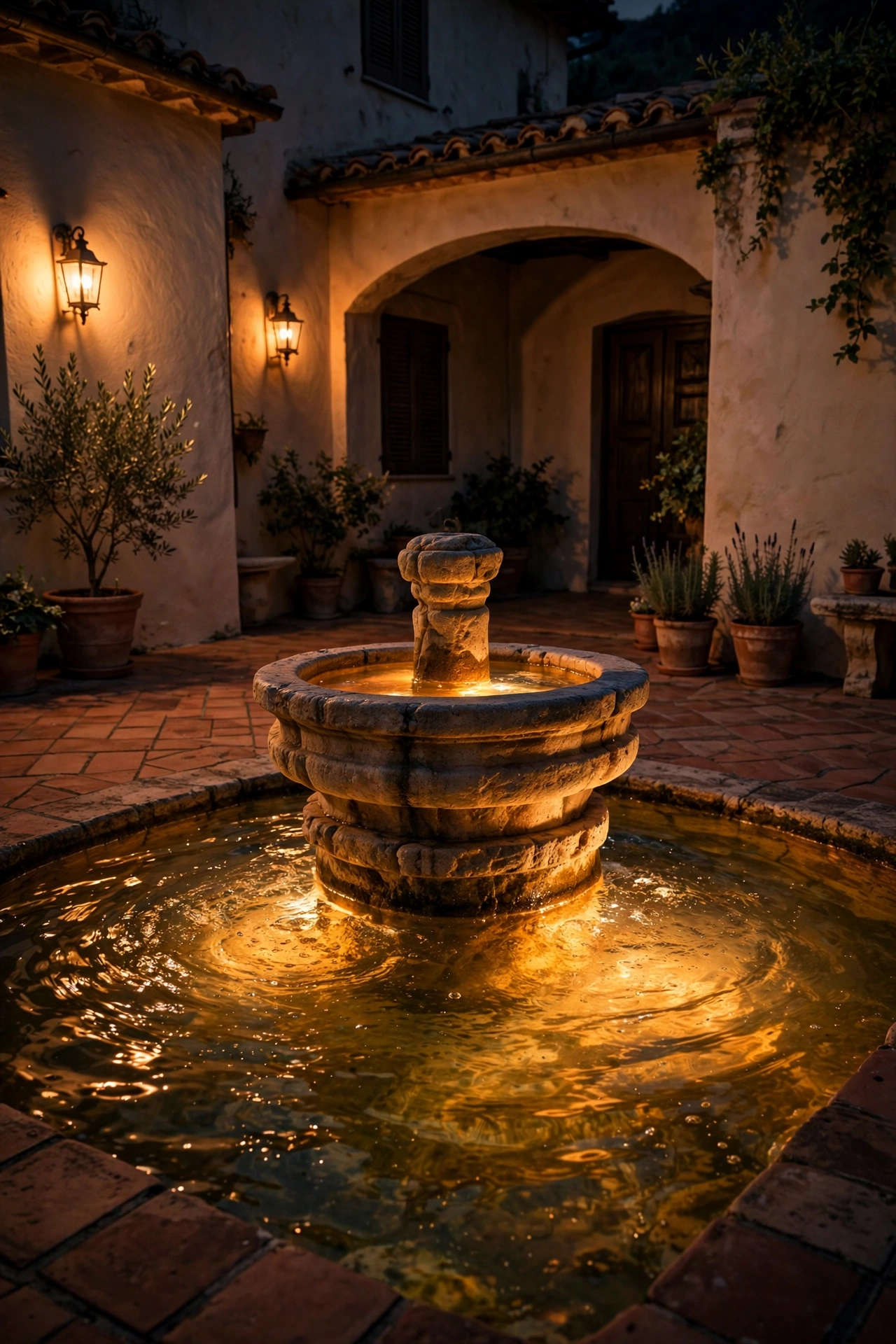 Stone courtyard fountain glowing with warm underwater lighting at night