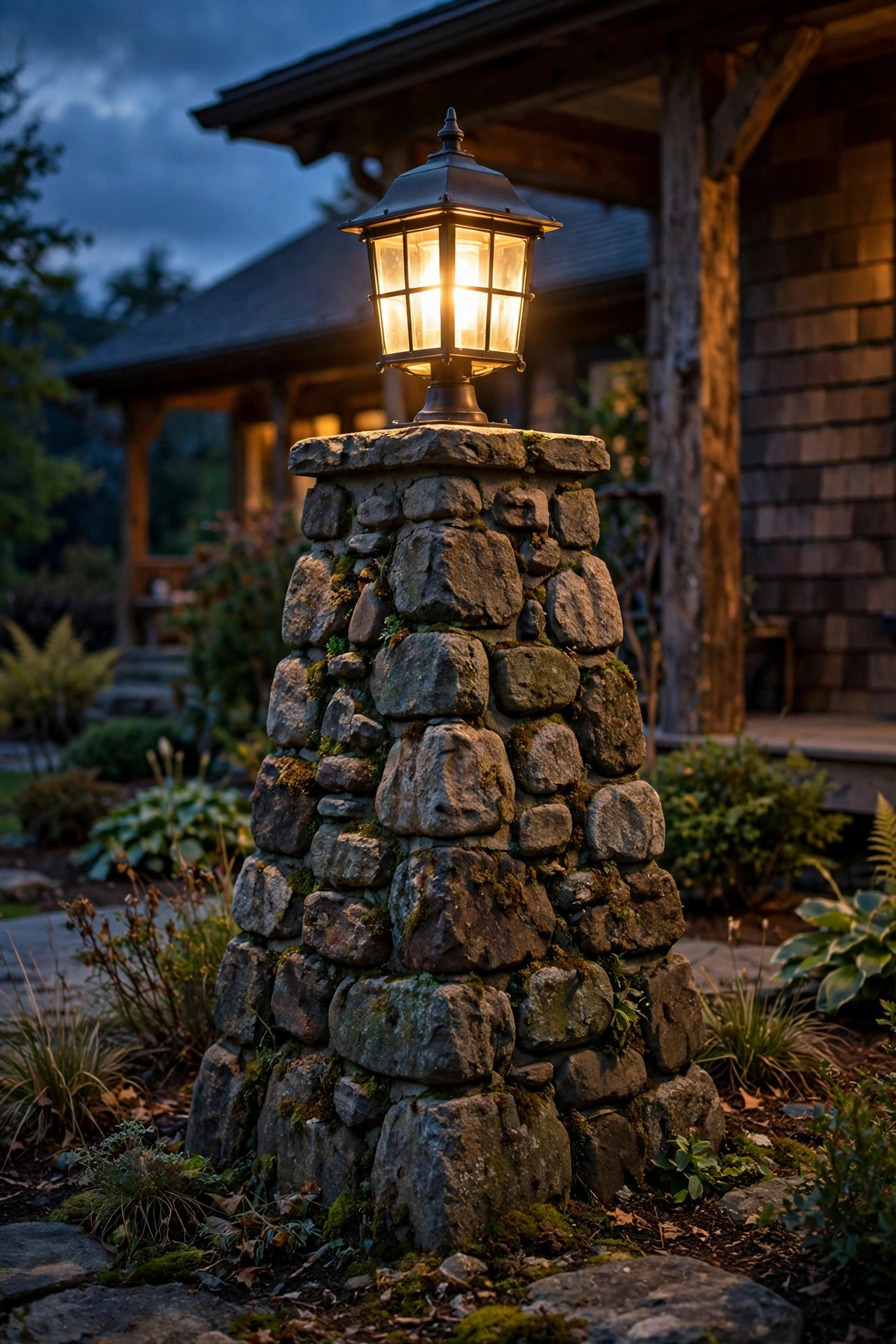 Craftsman style pier light on a tapered stone porch pier at dusk