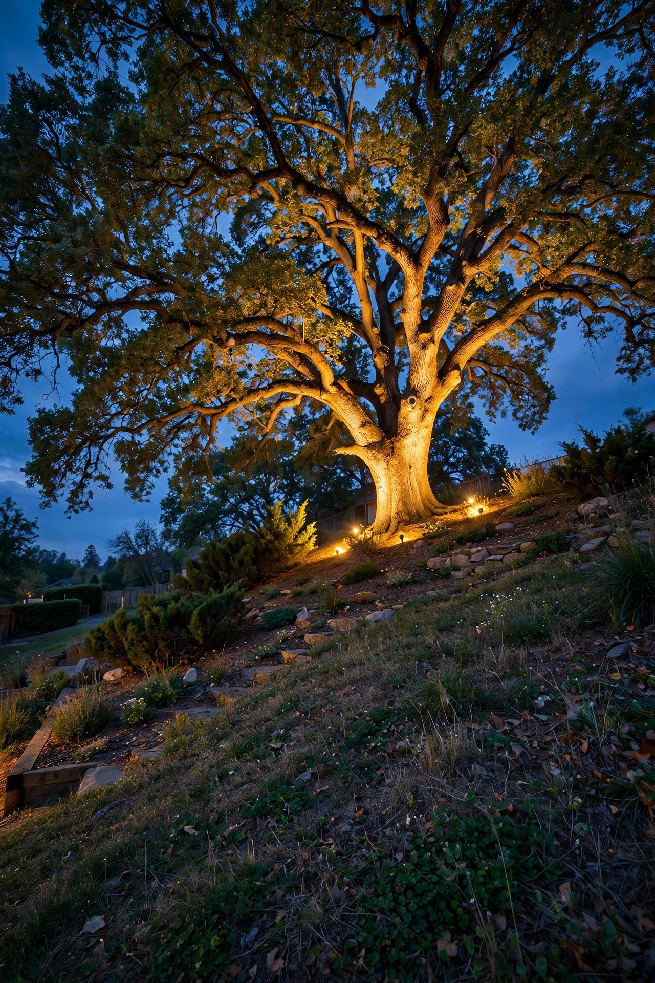 Large tree at the top of a sloped backyard dramatically uplit against the evening sky