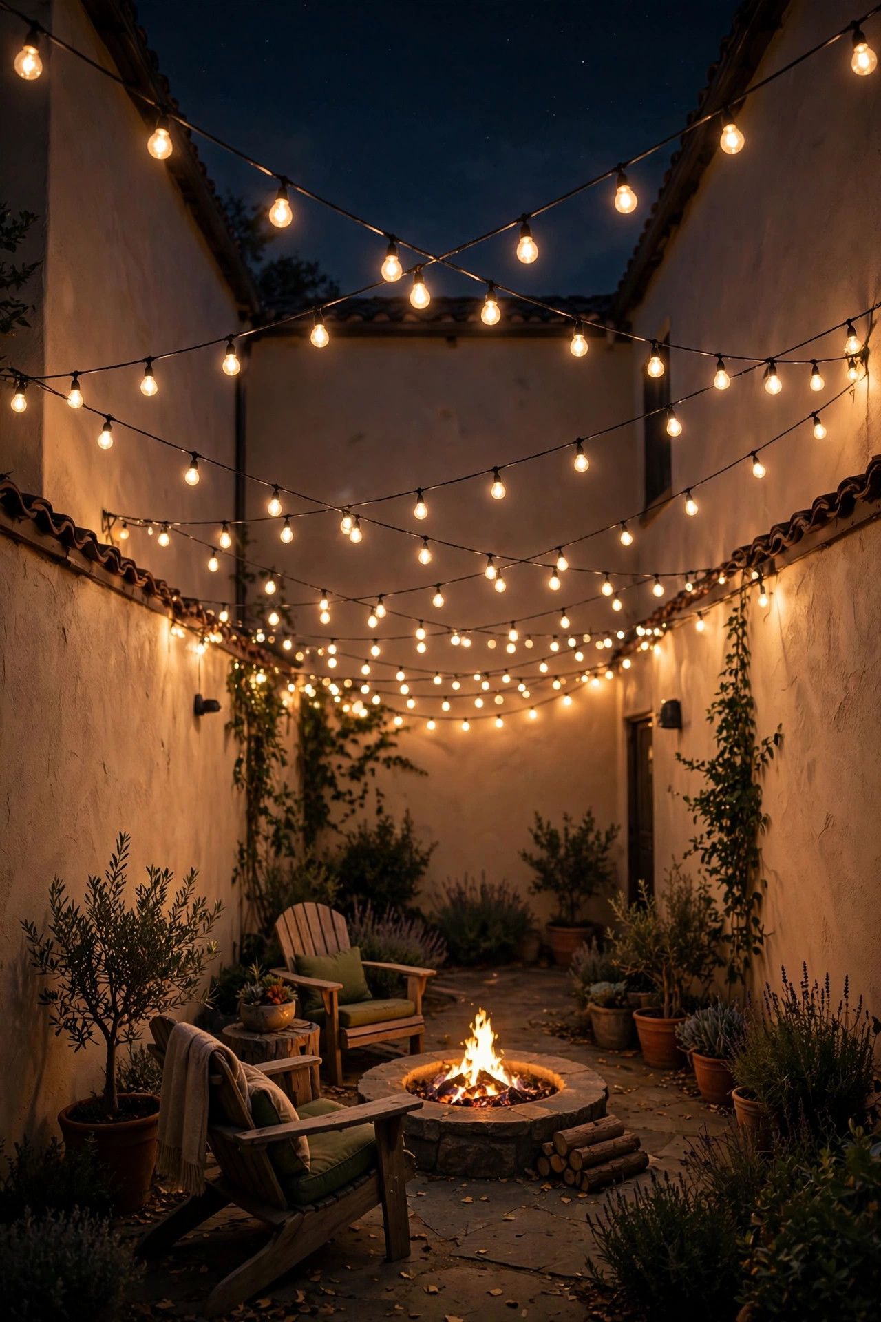 Crisscrossed string lights glowing over an enclosed courtyard at night