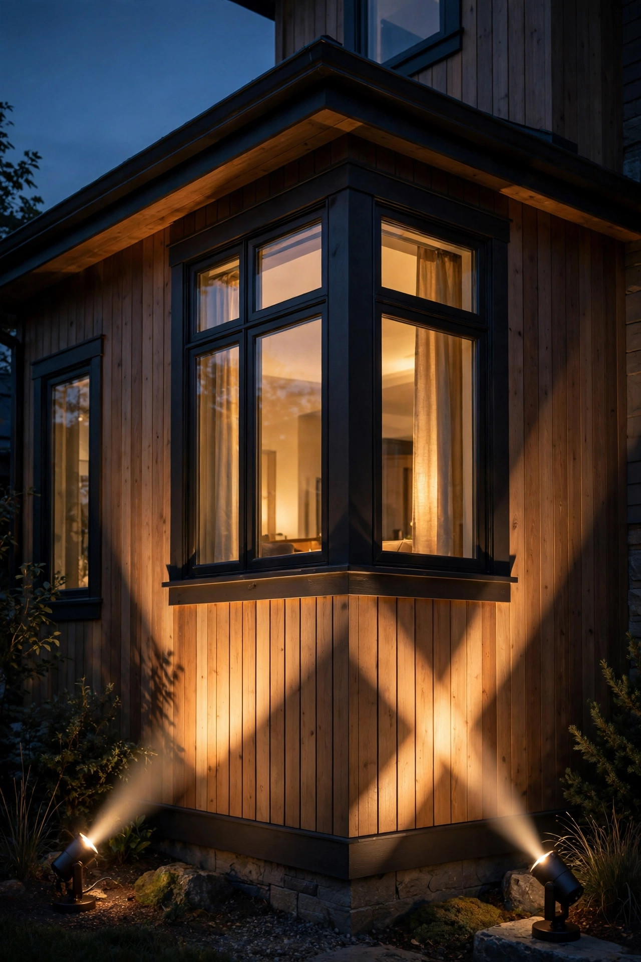 Two spotlights cross-lighting a projecting bay window on a home facade at night, soft modeled shadows and warm glow