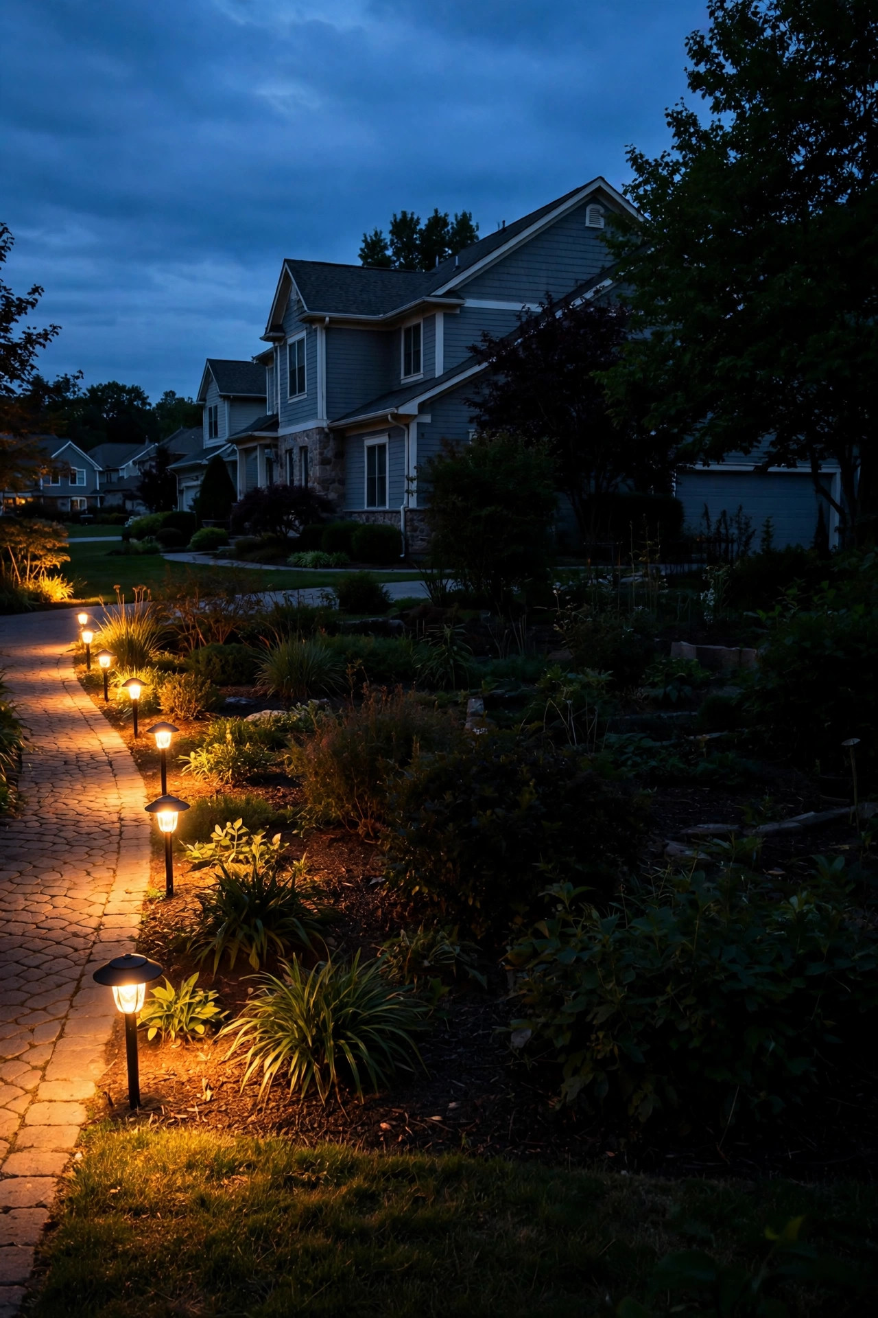Suburban front yard at dusk where one row of path lights glows warmly while a second lighting zone sits completely dark