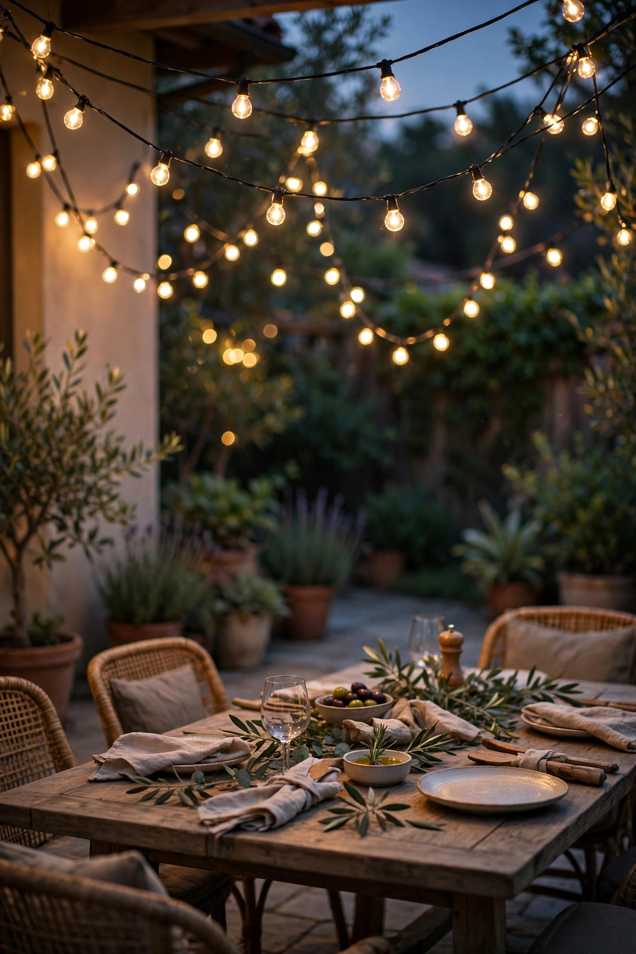Dimmable string lights draped over a patio dining table glowing at low warm brightness in the evening