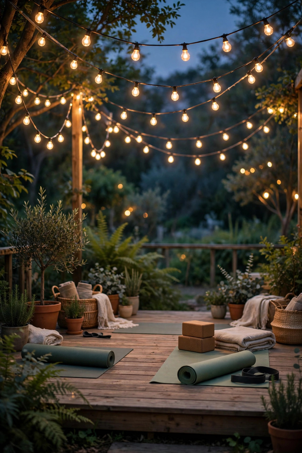 Dimmed warm string lights draped in loose swags above an outdoor yoga deck at dusk