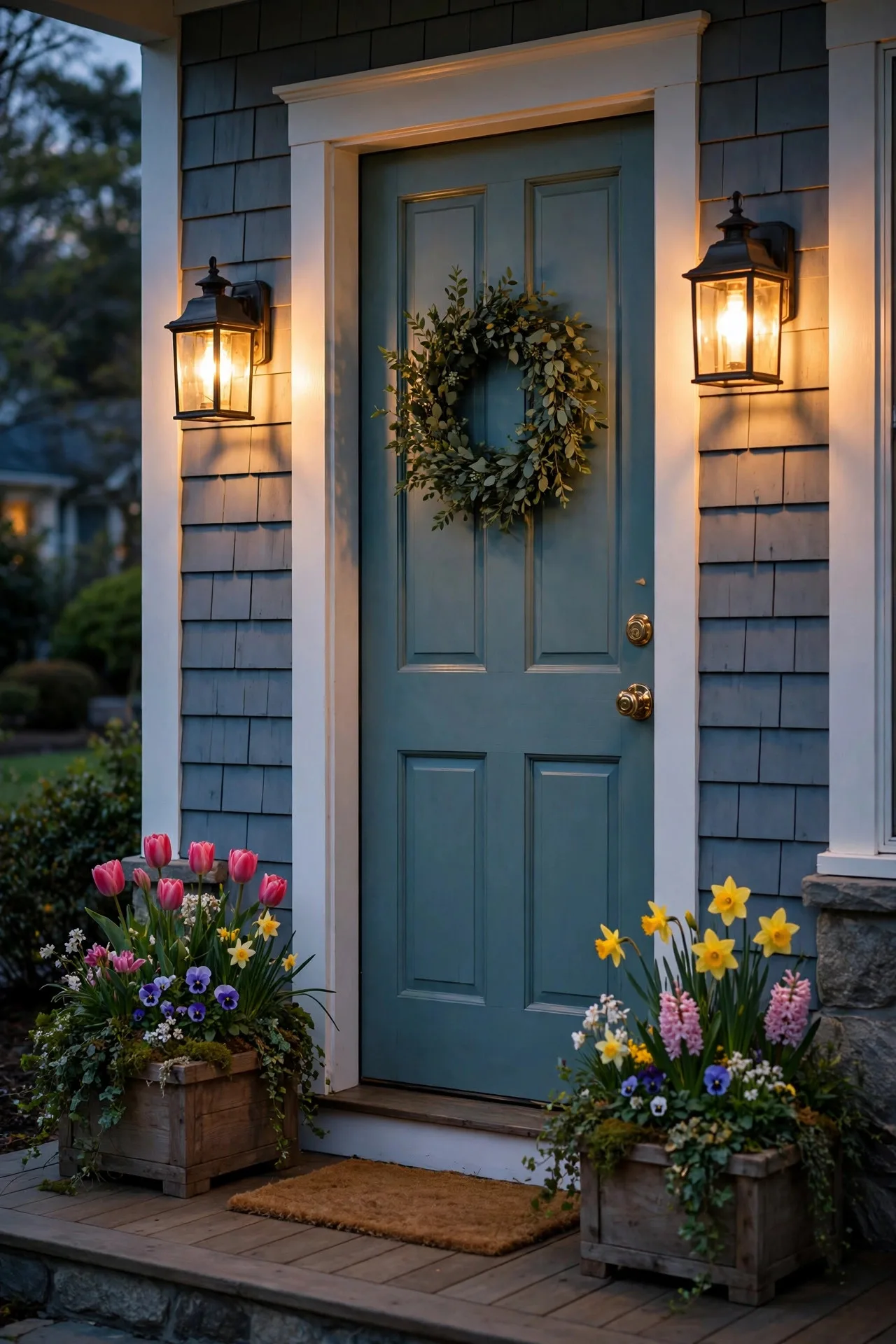 Warm lantern sconces flanking a painted front door at dusk, glowing golden beside spring planters