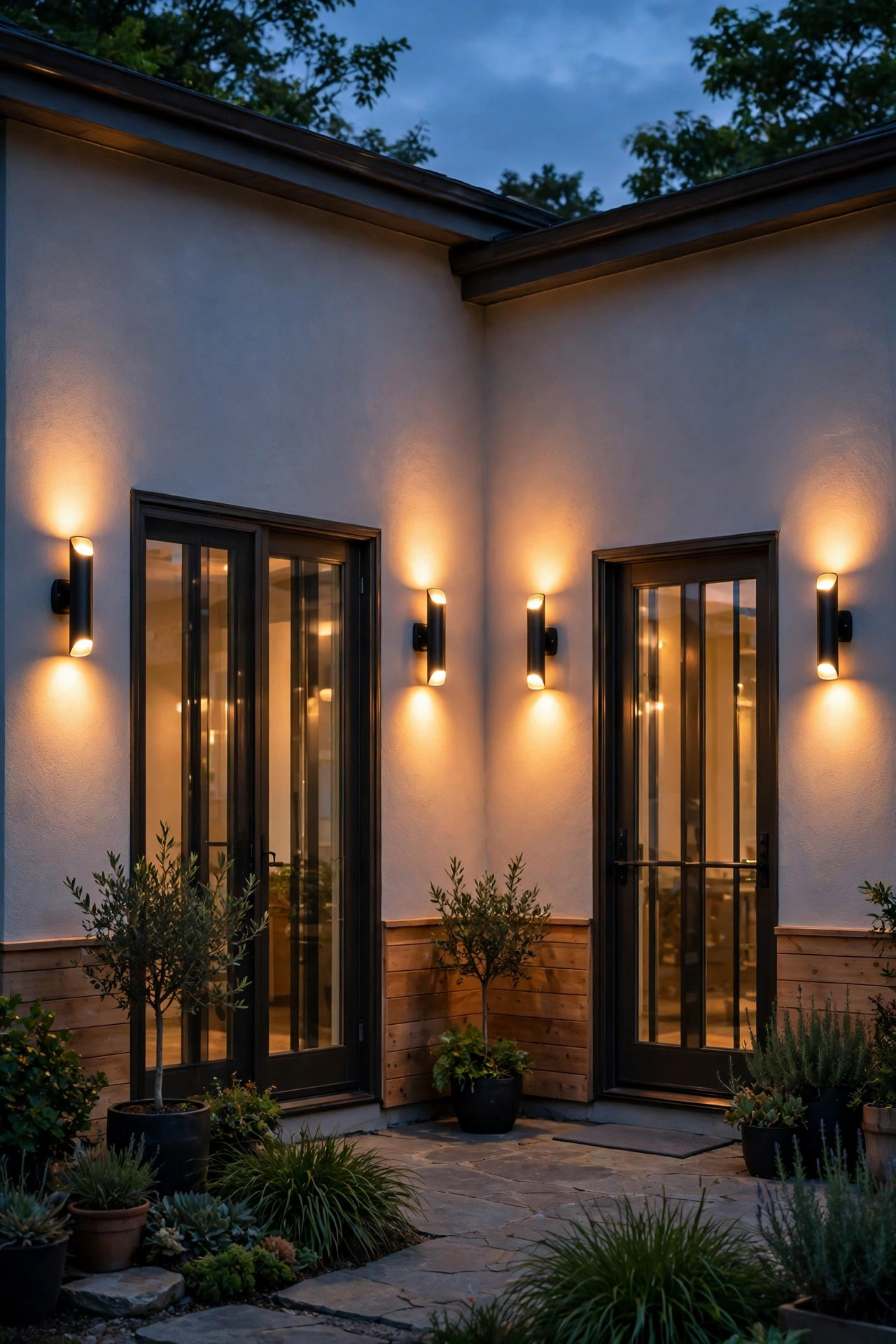 Matching up-down wall sconces glowing warmly beside patio doors on two walls of a house at dusk