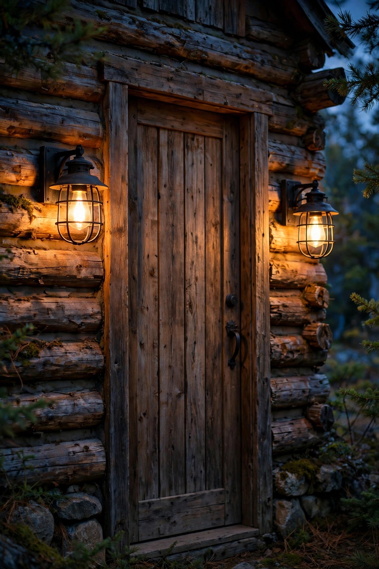 Pair of rustic barn-style wall sconces glowing on either side of a wooden cabin door at dusk