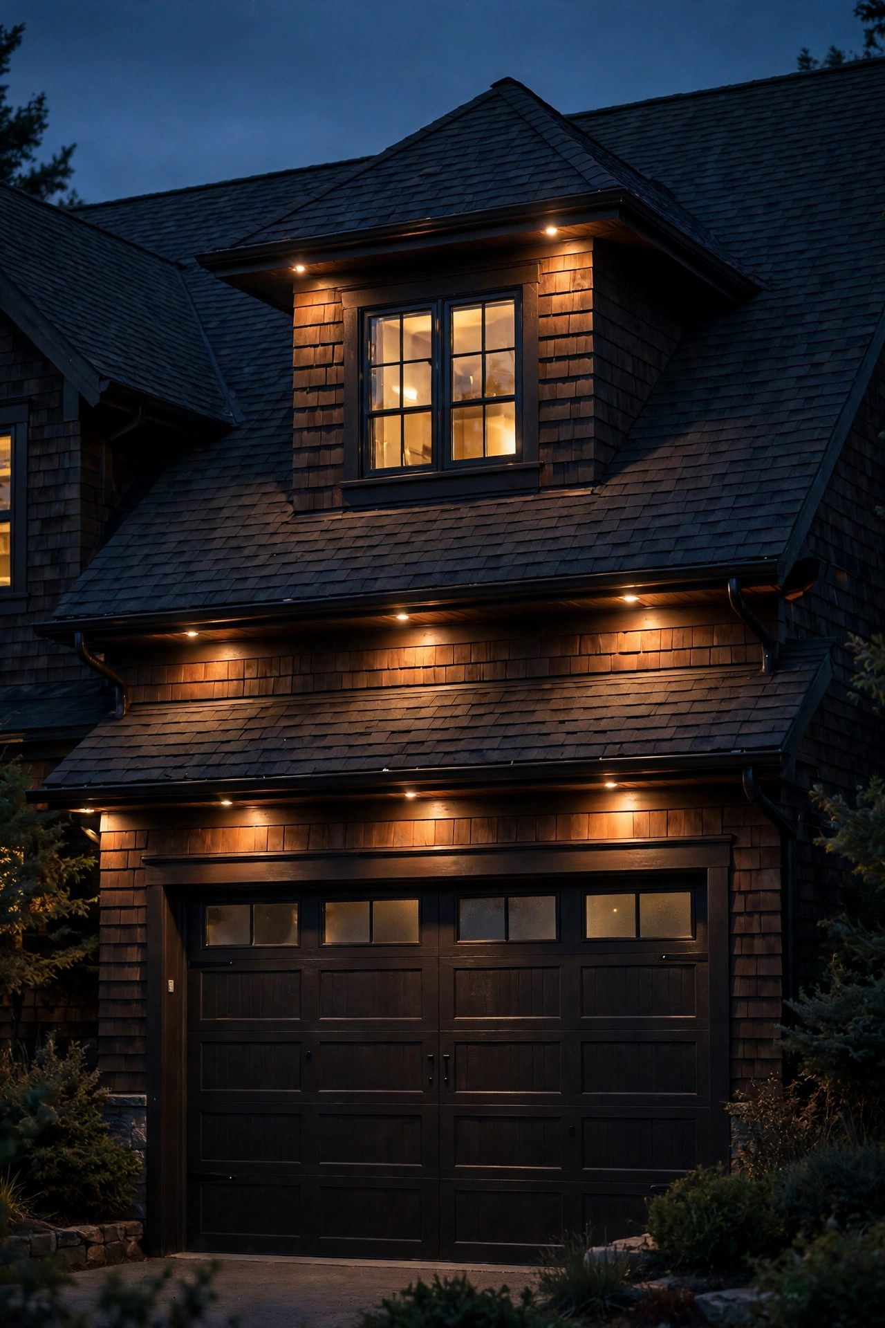 Dormer above a garage roof softly uplit from the gutter line with warm accent spotlights at night