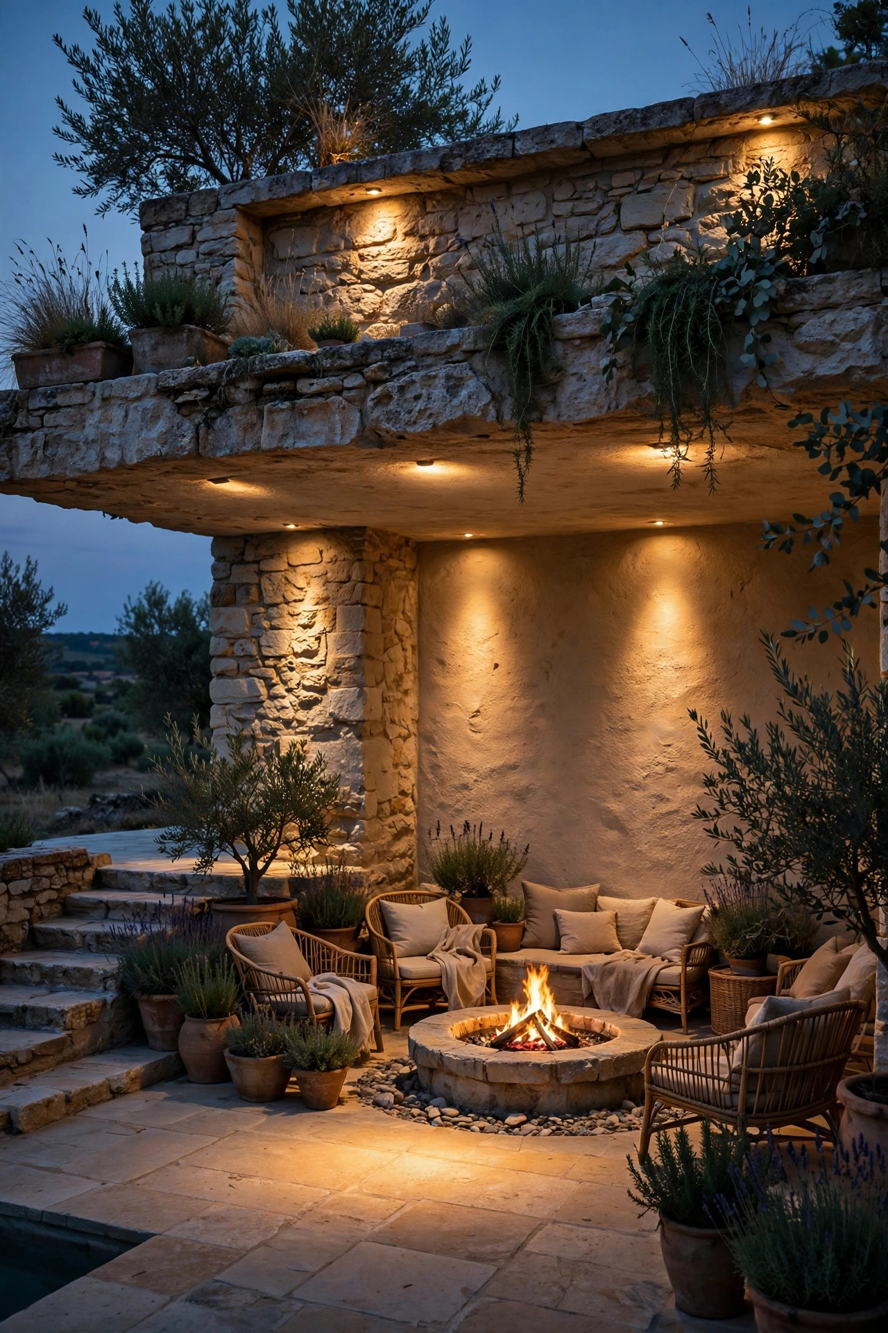 Soft downlighting from an upper stone terrace pooling warm light over a lower fire pit seating area