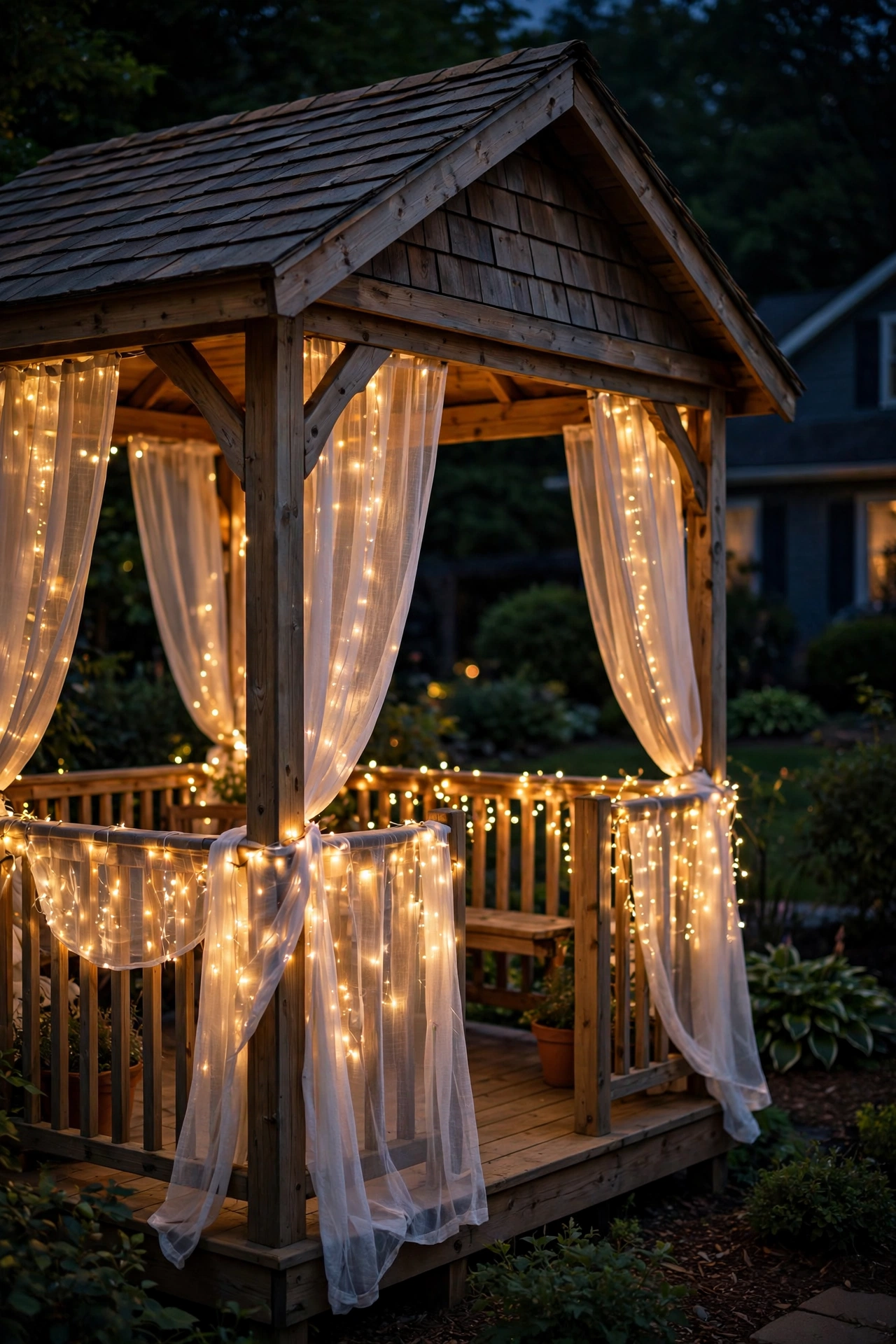 Sparkling LED light curtains draped along gazebo sides creating a glowing backyard retreat wall