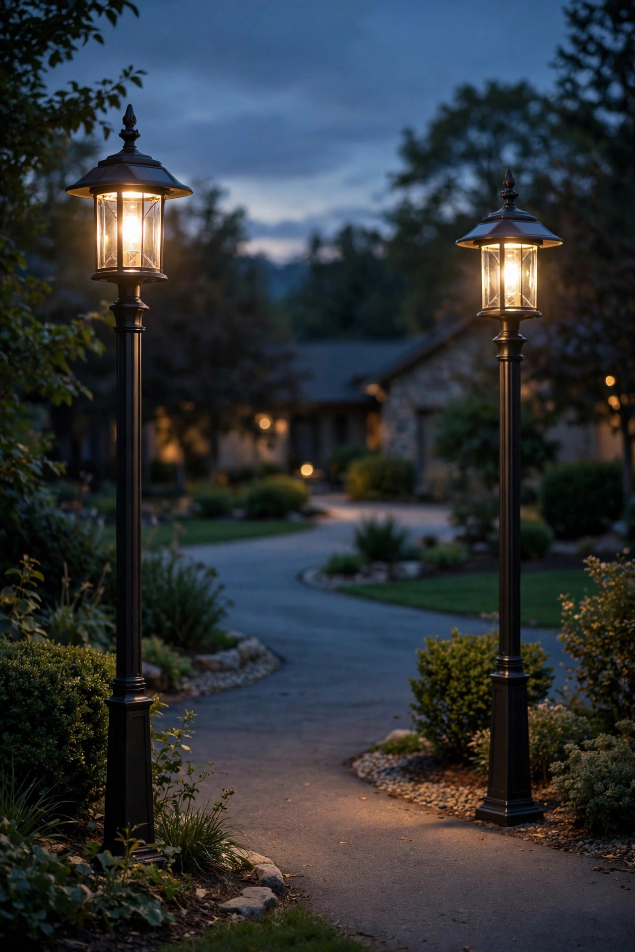 Pair of tall solar lantern posts flanking a driveway entrance at dusk