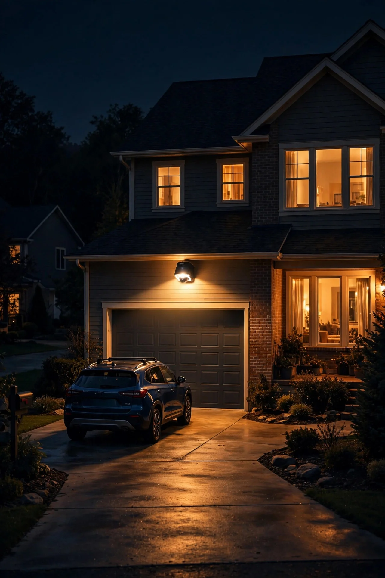 Cozy suburban driveway at night bathed in warm light from a motion sensor floodlight mounted on the garage, car parked, house windows glowing amber