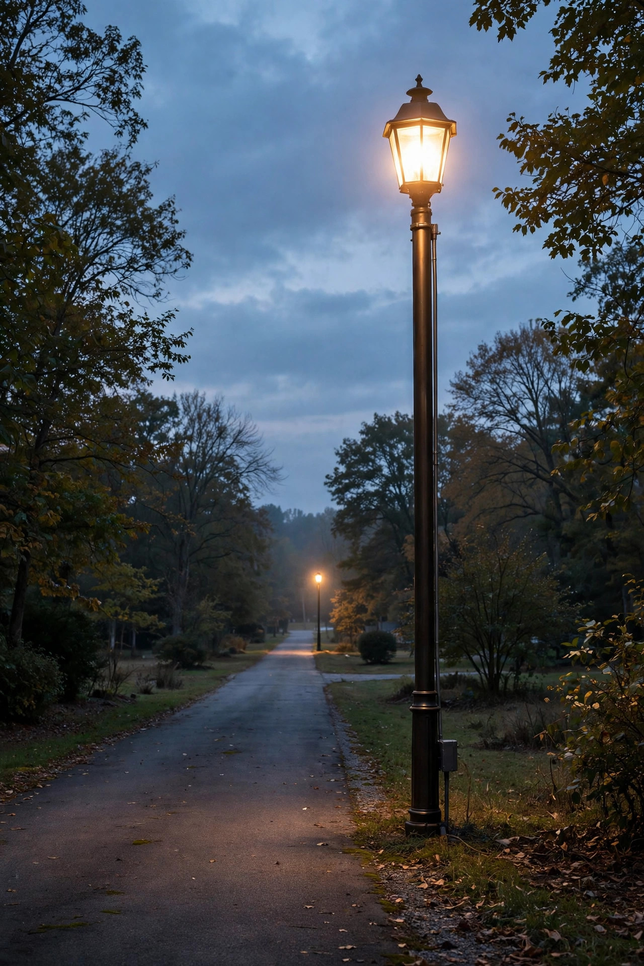 Tall hardwired lamp post glowing at the end of a long driveway at dusk, an example of line voltage outdoor lighting handling long distances