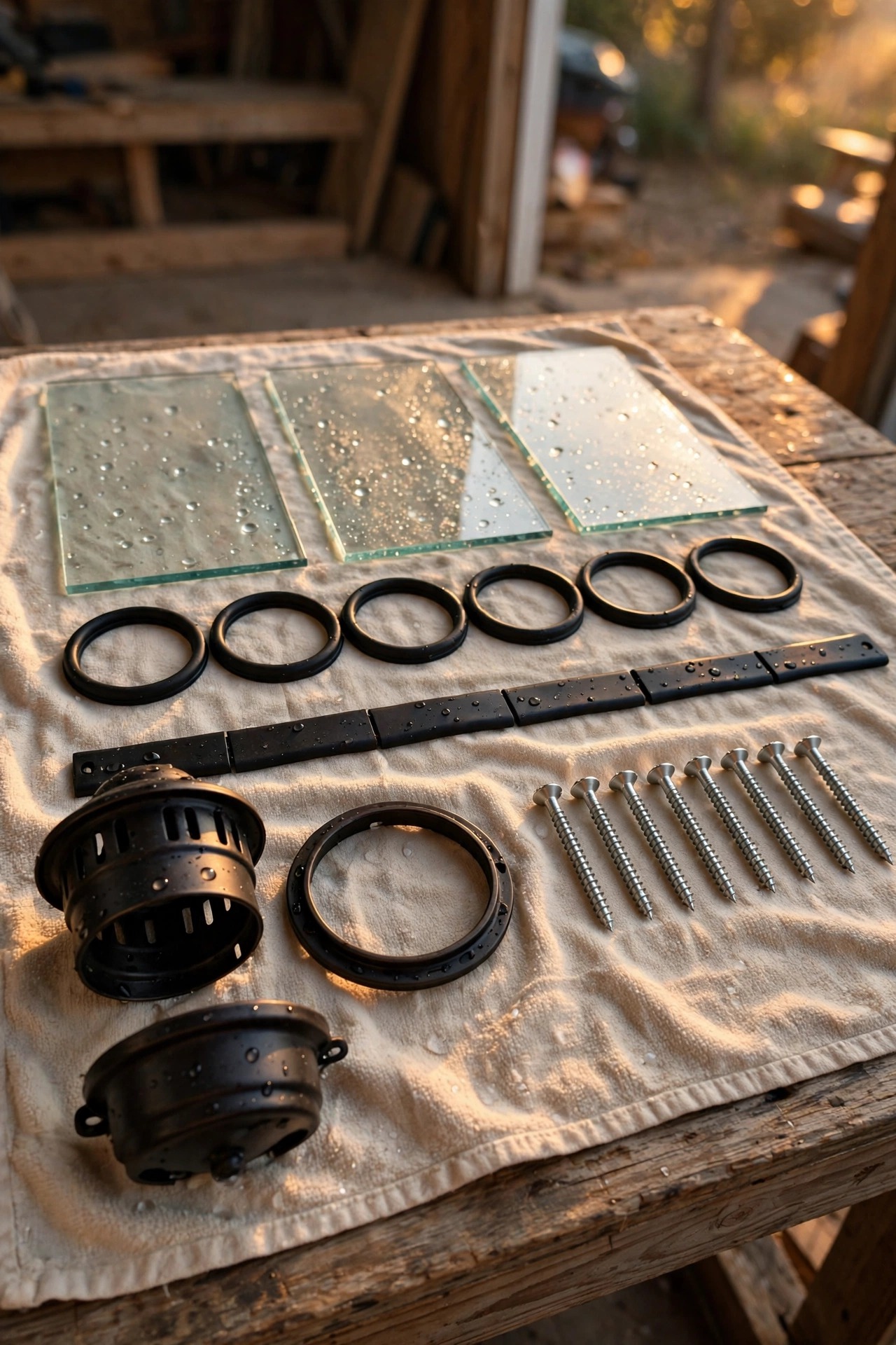 Disassembled outdoor light fixture parts laid out on a towel on a workbench to air dry, glass panels, screws and gasket in a neat row