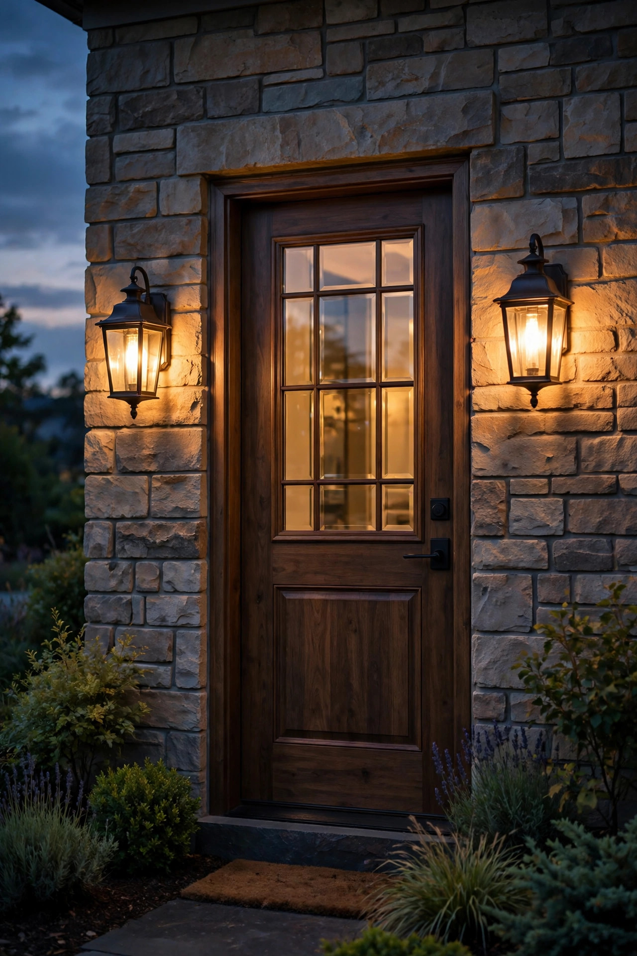 Pair of warm dusk-to-dawn sconces flanking a front door, glowing automatically as evening falls