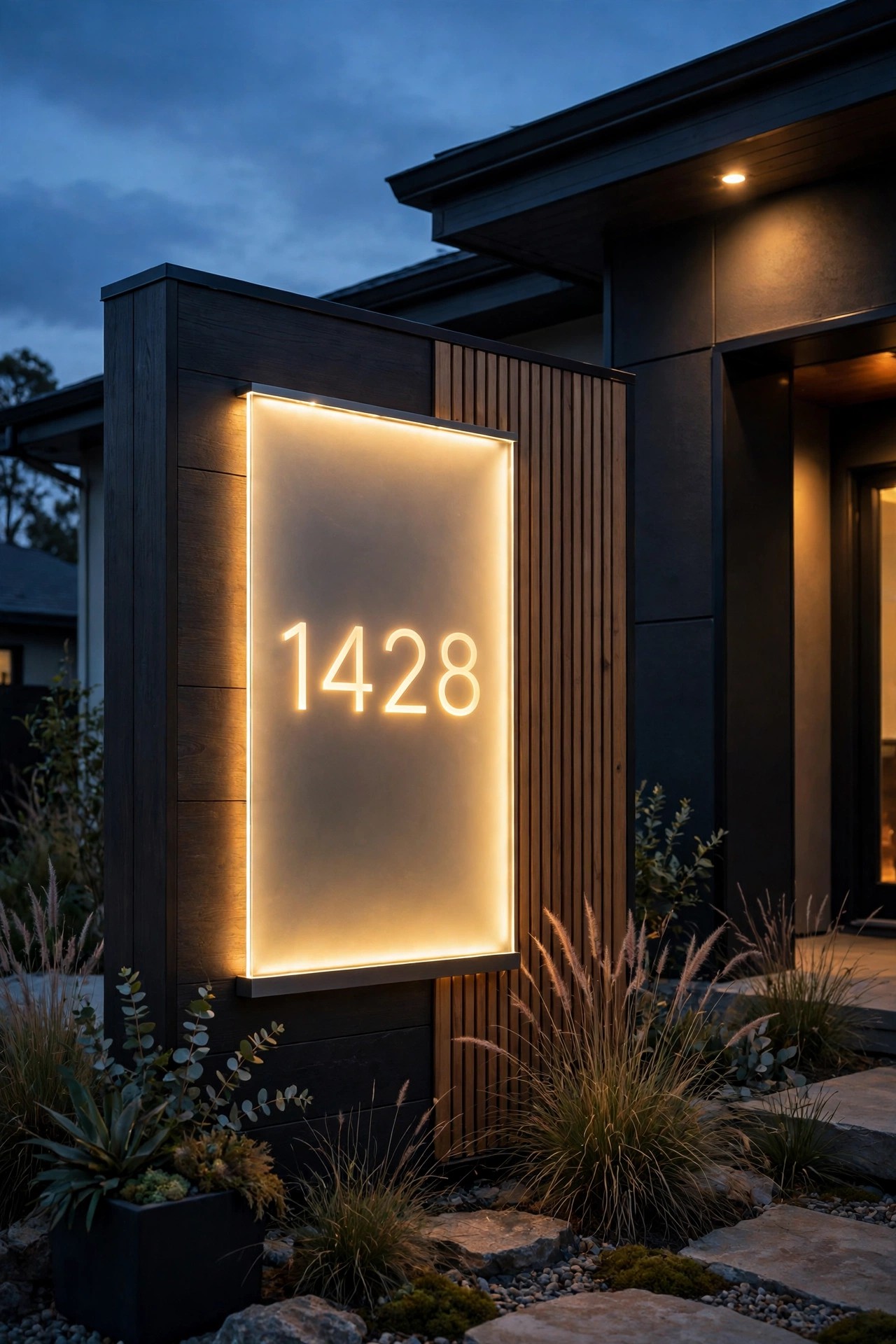 Edge-lit frosted glass address panel with glowing etched house numbers on a modern home