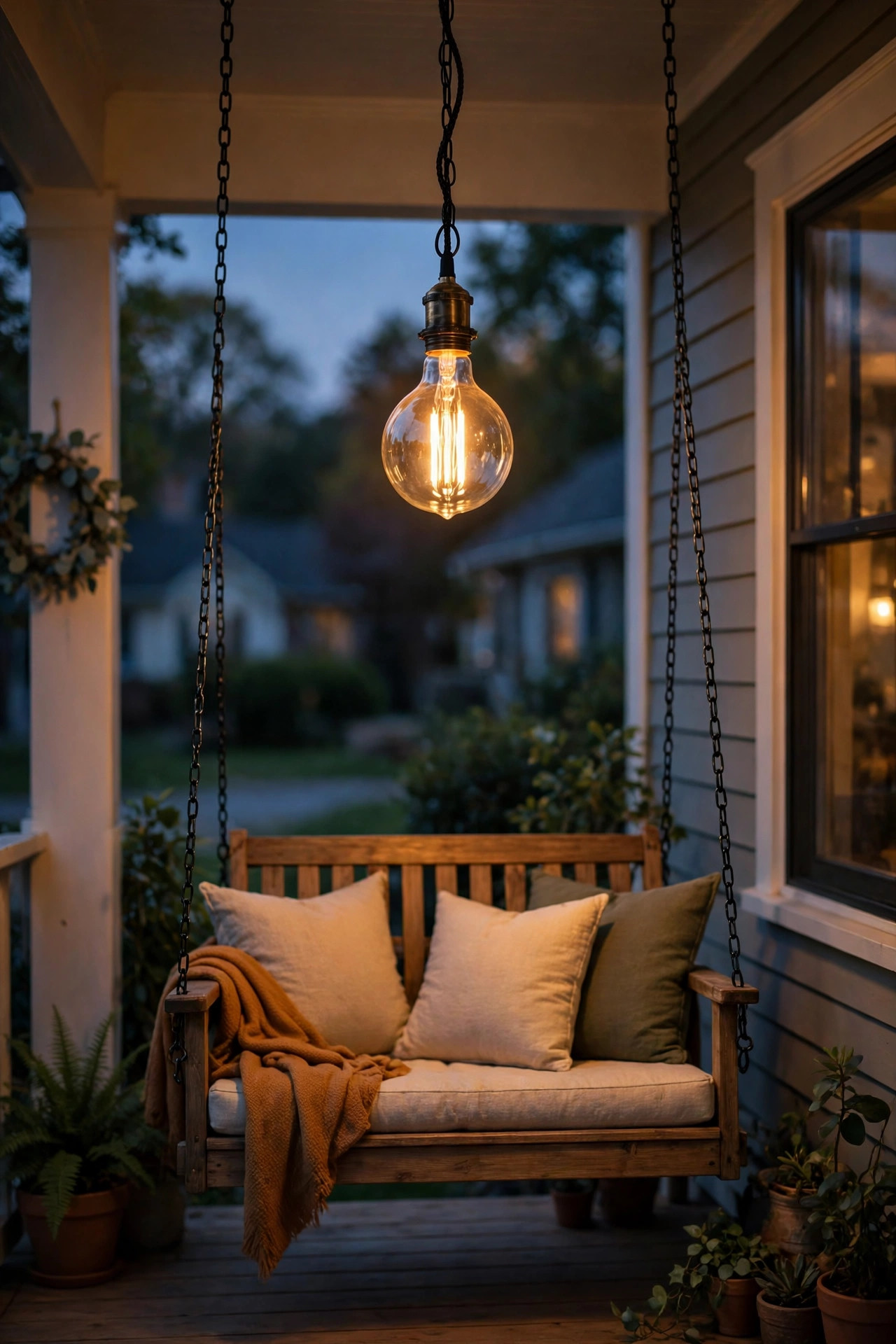 Vintage-style Edison filament pendant light hanging centered above a porch swing in warm evening light