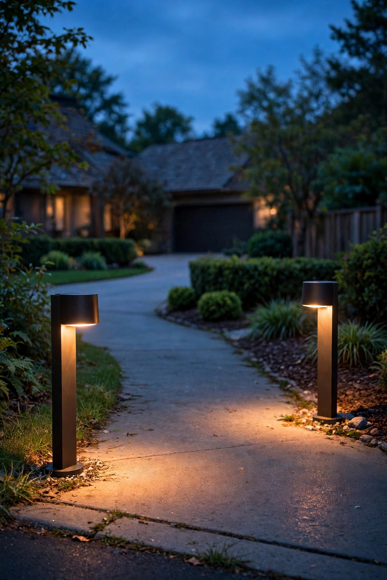 pair of shielded bollard lights marking the entrance of a suburban driveway at dusk, warm light pooling on the pavement