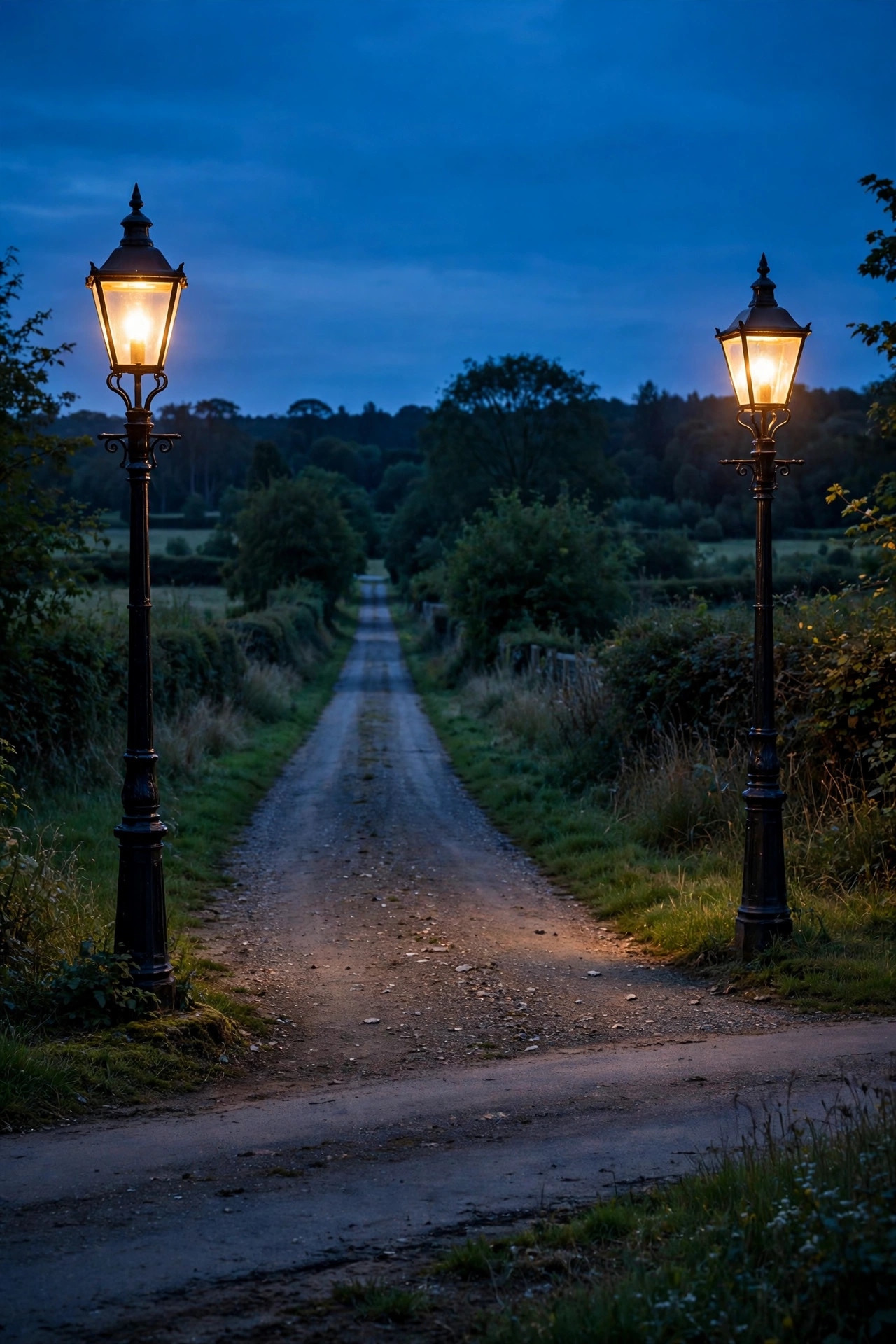 A pair of classic lamp posts marking the entrance of a long driveway at the road