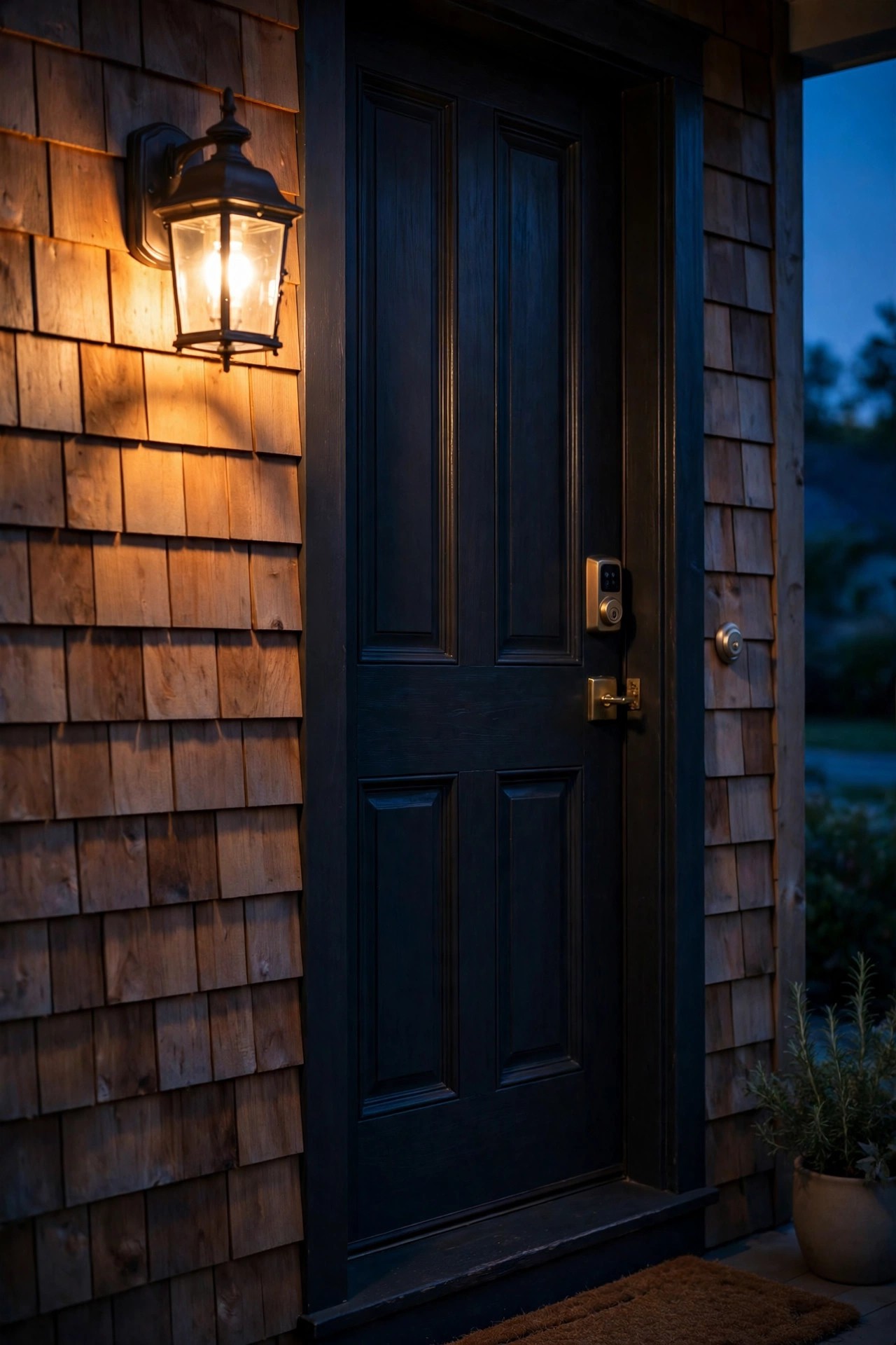 Warm porch sconce beside a front door washing the entry wall, doorbell and lock with soft light